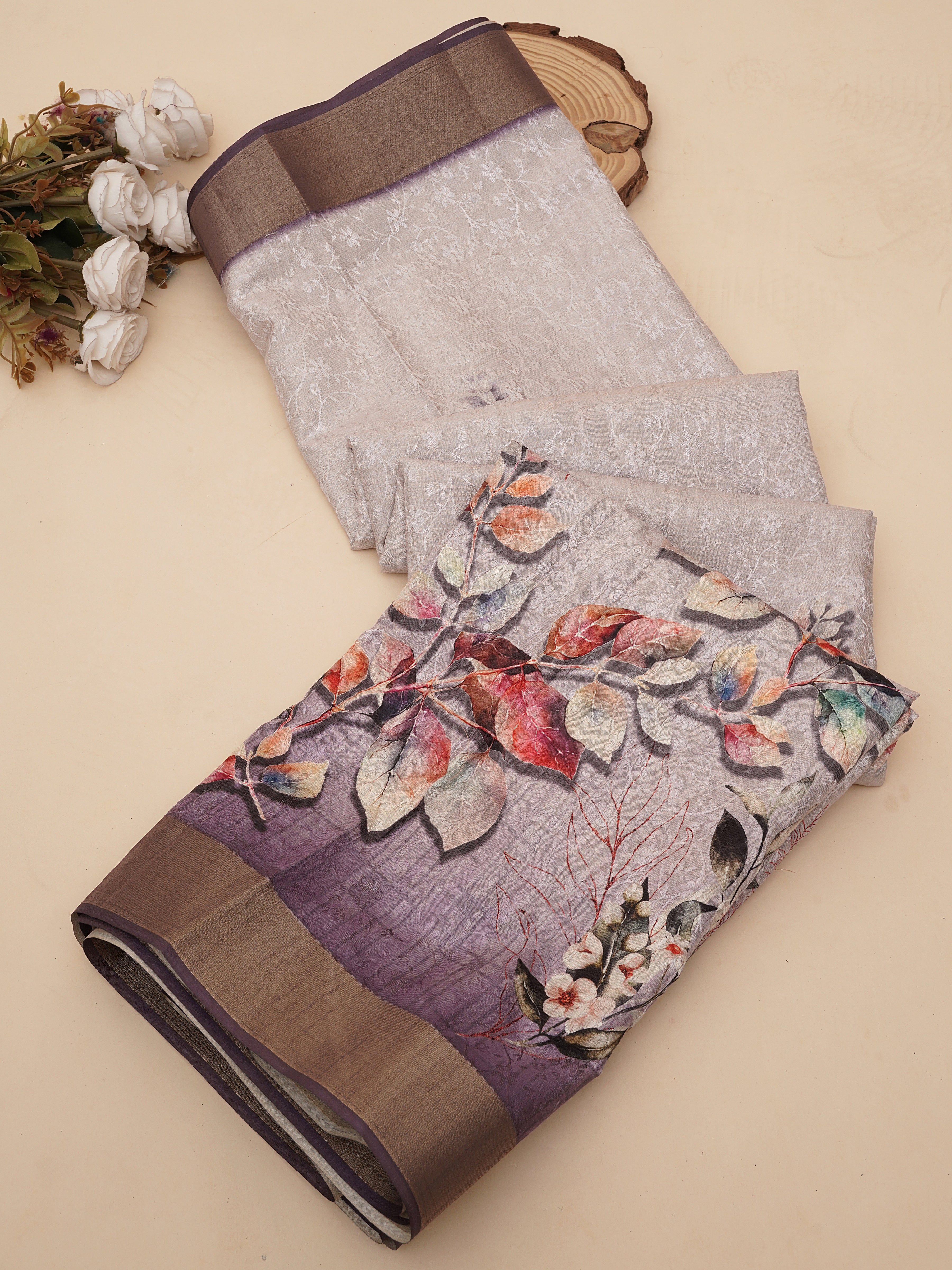 White Purple Digital Printed Self Jacquard Saree