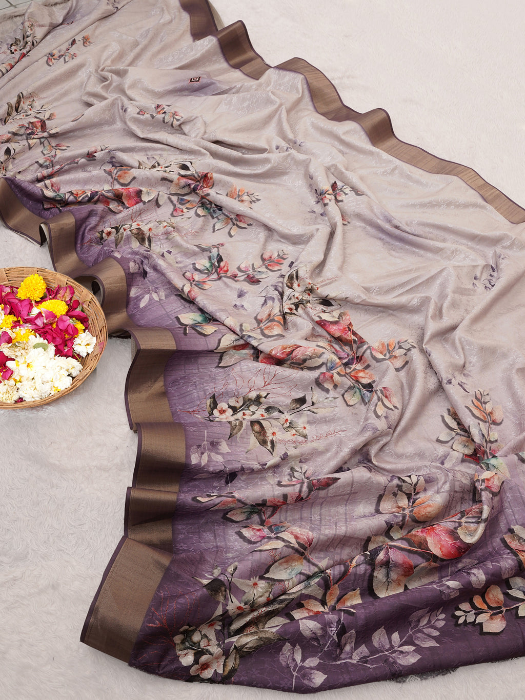 White Purple Digital Printed Self Jacquard Saree