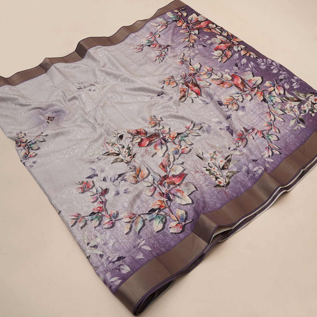 White Purple Digital Printed Self Jacquard Saree