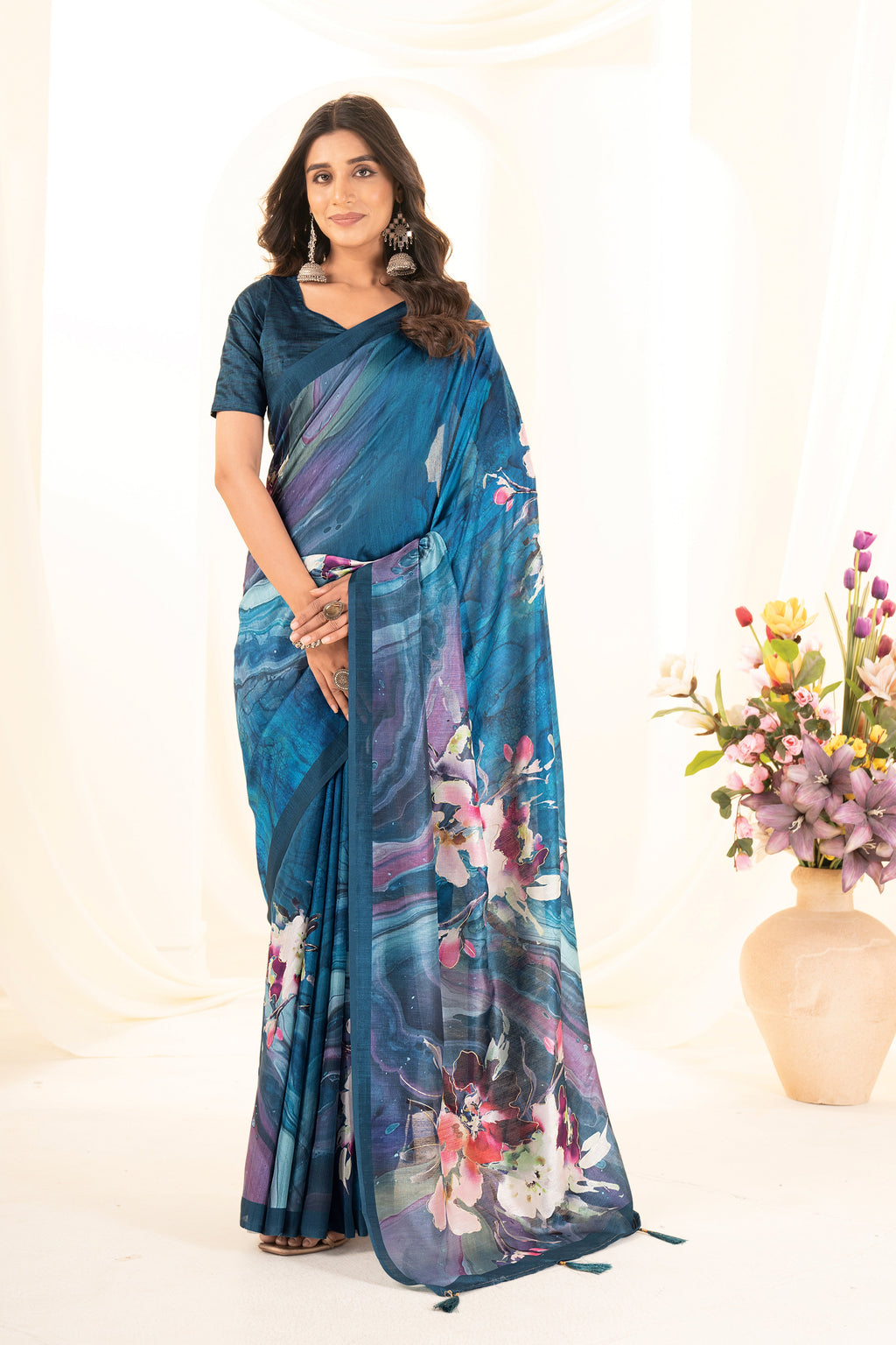 Rama Blue Tusser Silk Floral Digital Printed Saree
