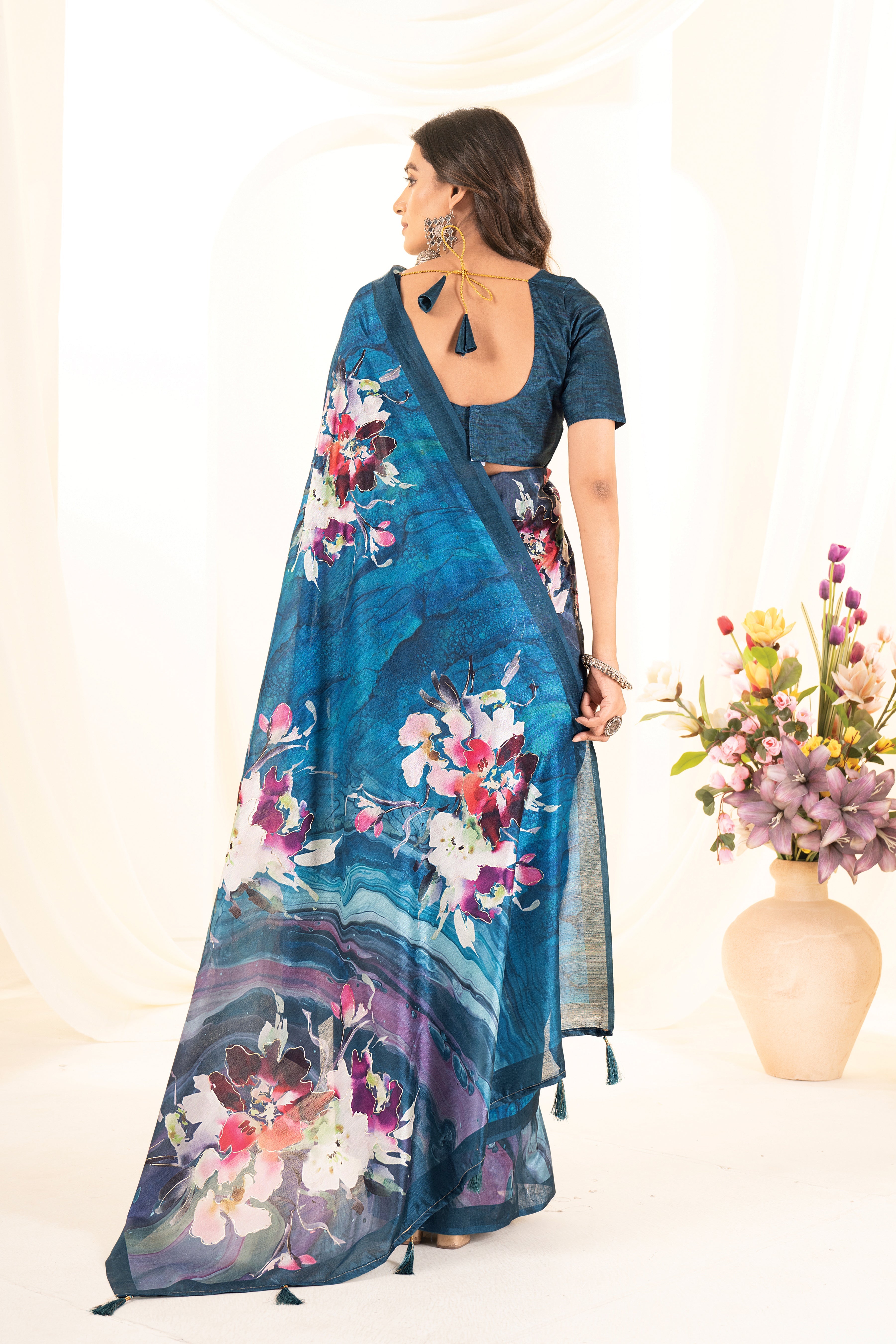 Rama Blue Tusser Silk Floral Digital Printed Saree