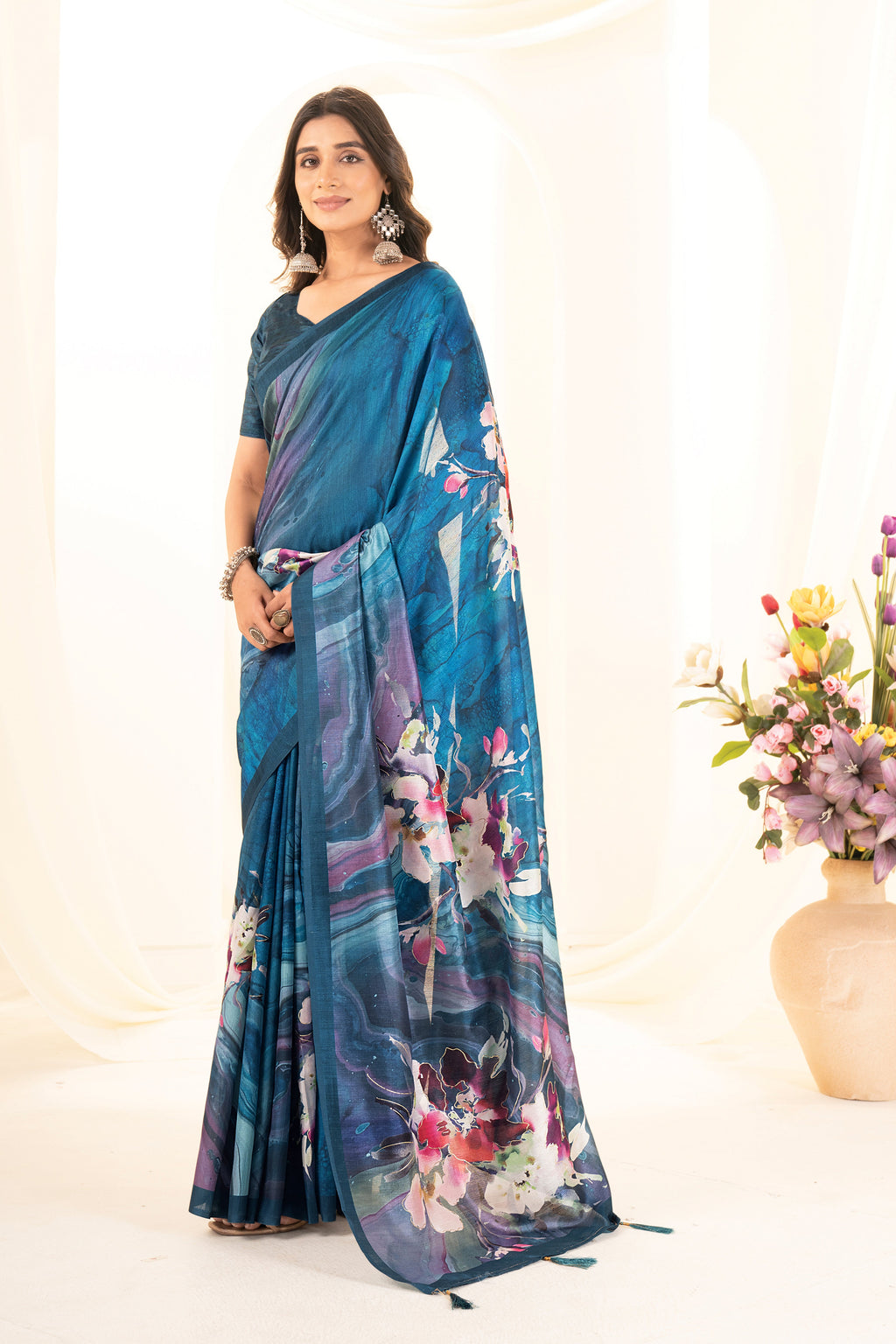 Rama Blue Tusser Silk Floral Digital Printed Saree