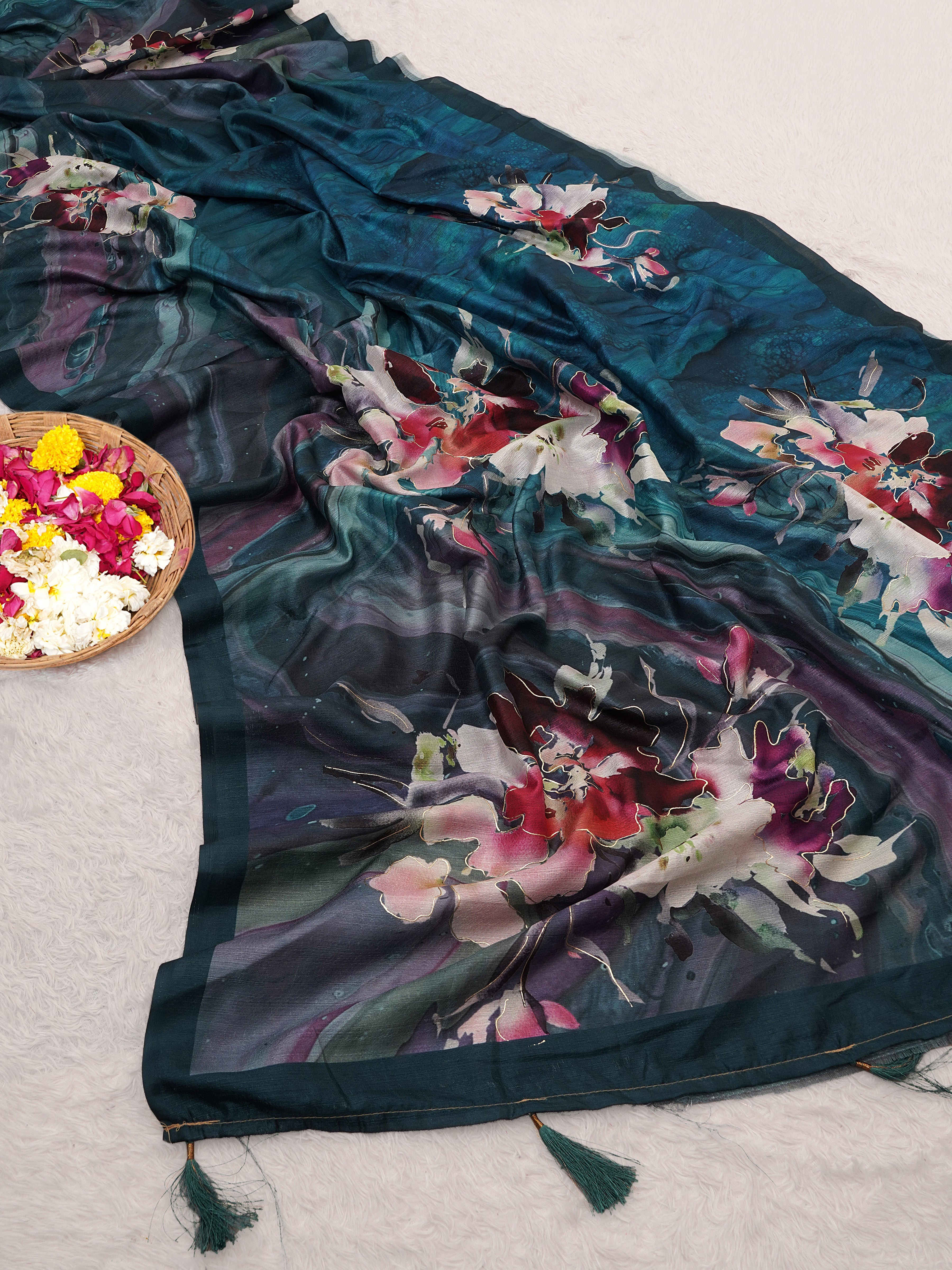 Rama Blue Tusser Silk Floral Digital Printed Saree