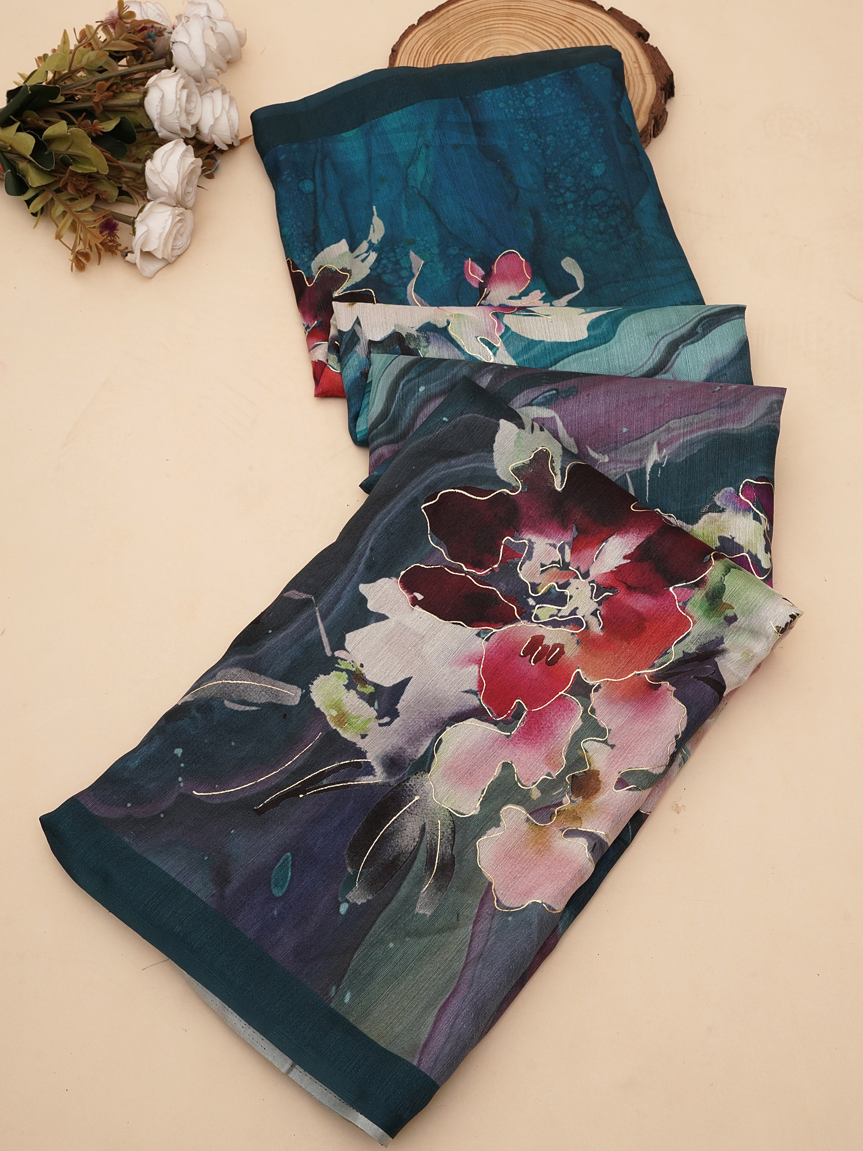 Rama Blue Tusser Silk Floral Digital Printed Saree