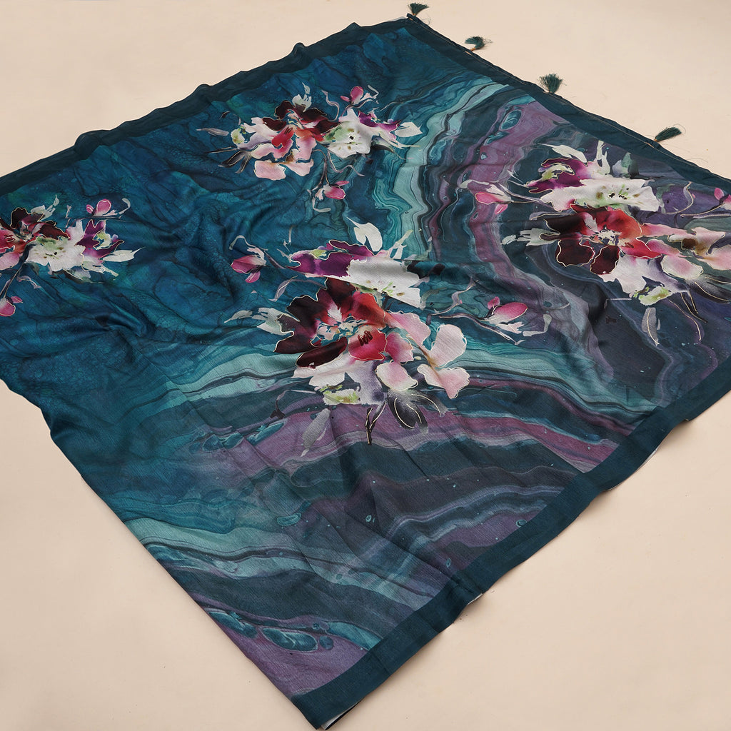 Rama Blue Tusser Silk Floral Digital Printed Saree