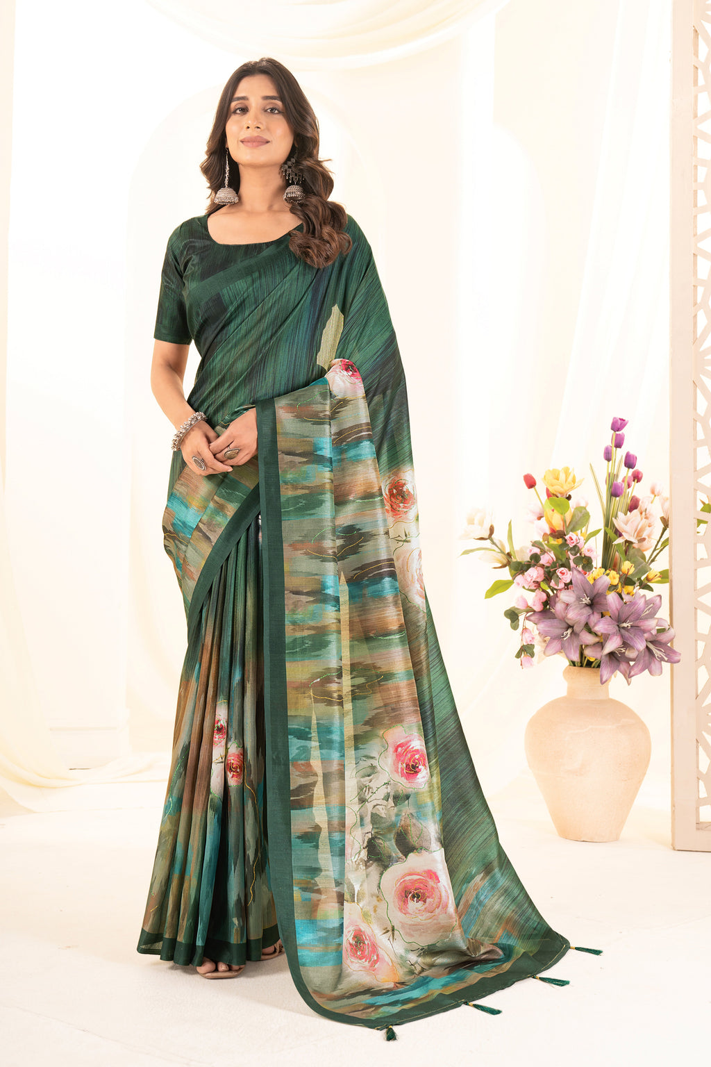 Bottle Green Tusser Silk Floral Digital Printed Saree