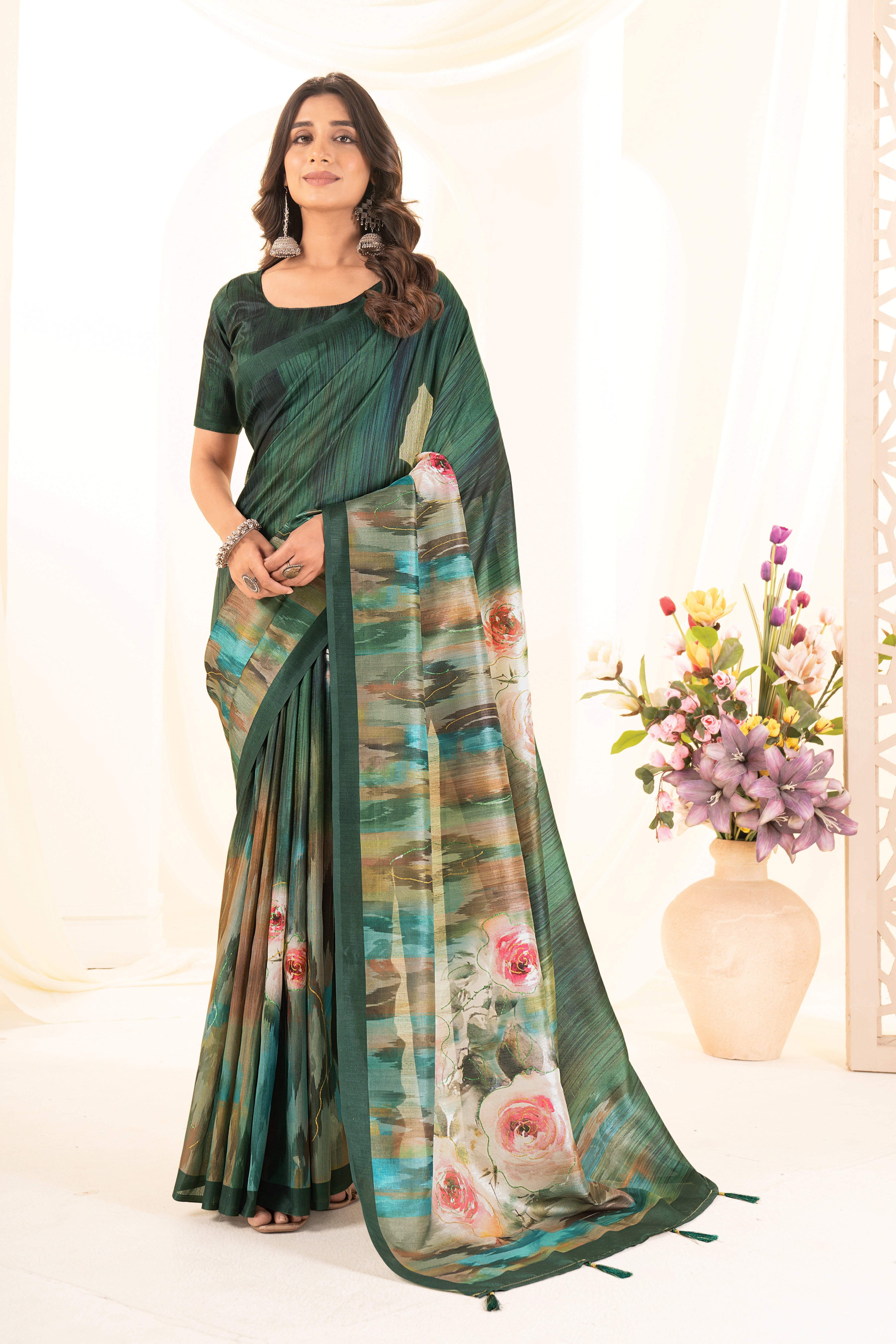 Bottle Green Tusser Silk Floral Digital Printed Saree