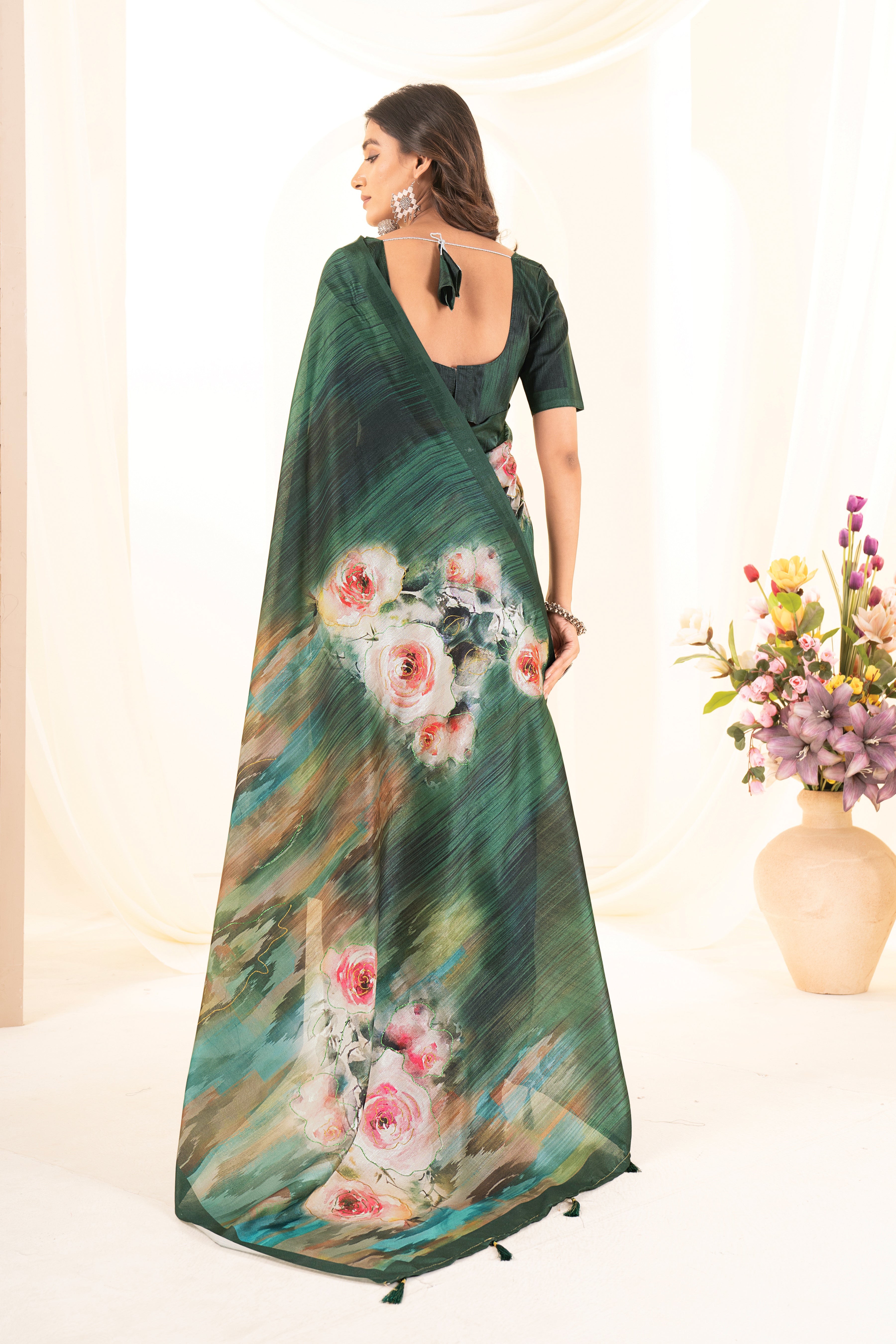 Bottle Green Tusser Silk Floral Digital Printed Saree