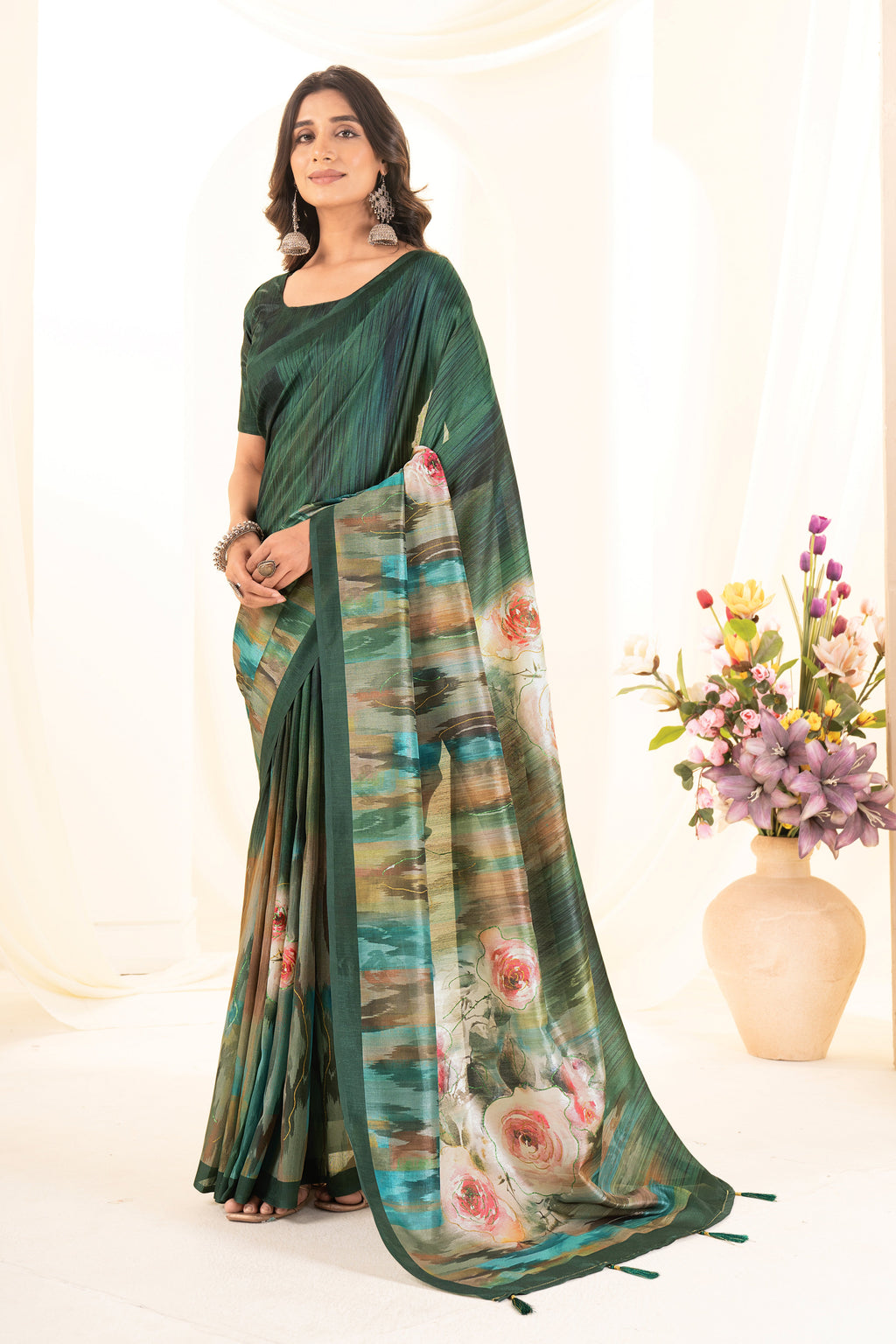 Bottle Green Tusser Silk Floral Digital Printed Saree