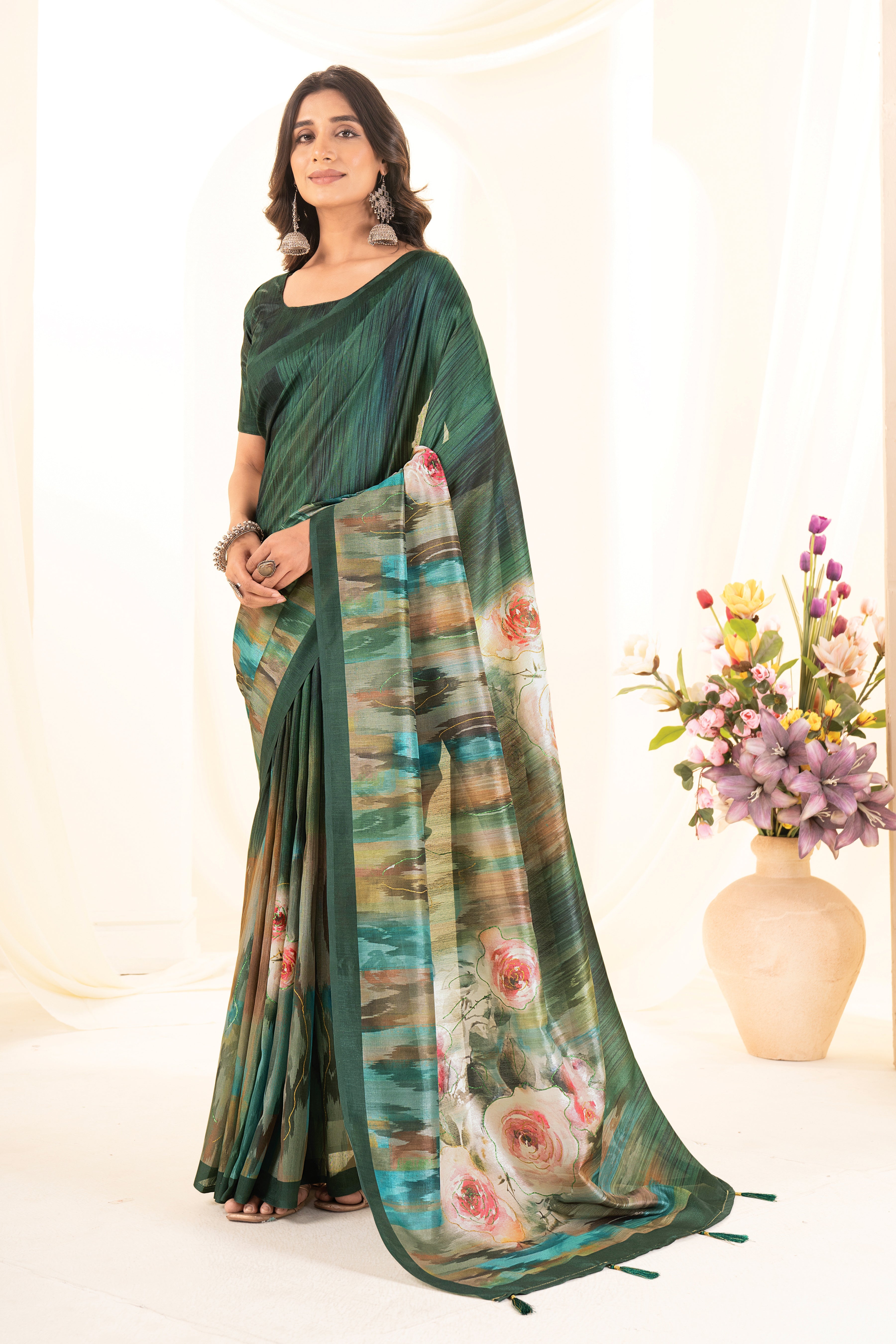 Bottle Green Tusser Silk Floral Digital Printed Saree