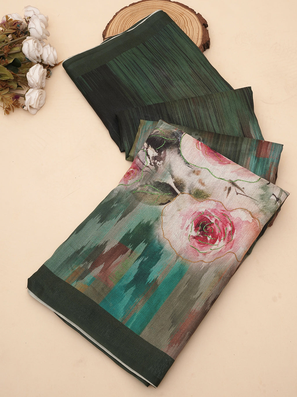 Bottle Green Tusser Silk Floral Digital Printed Saree