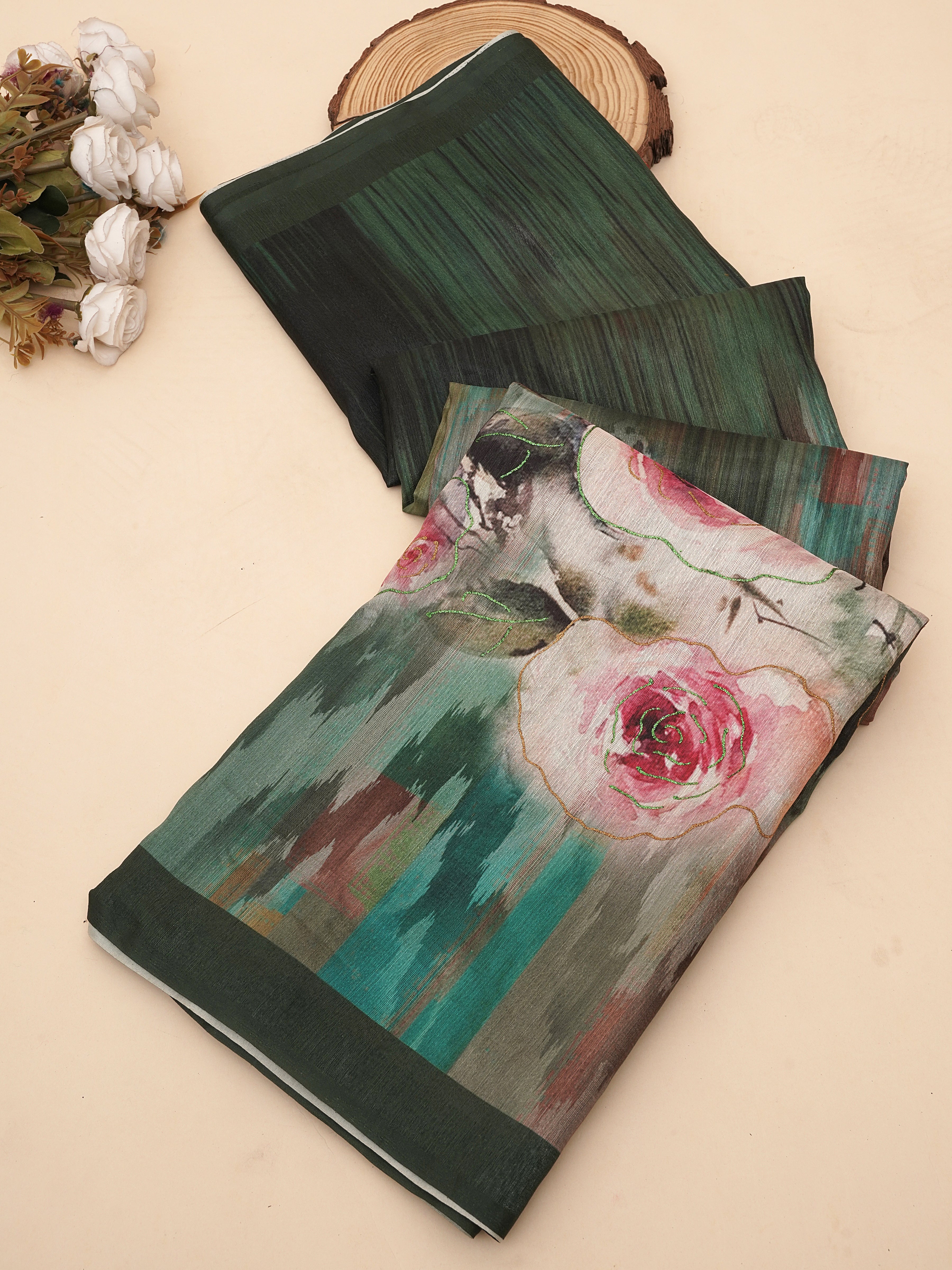 Bottle Green Tusser Silk Floral Digital Printed Saree