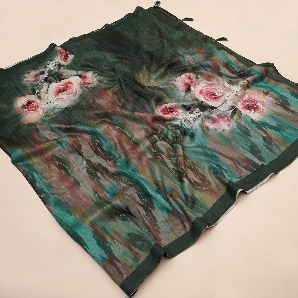 Bottle Green Tusser Silk Floral Digital Printed Saree