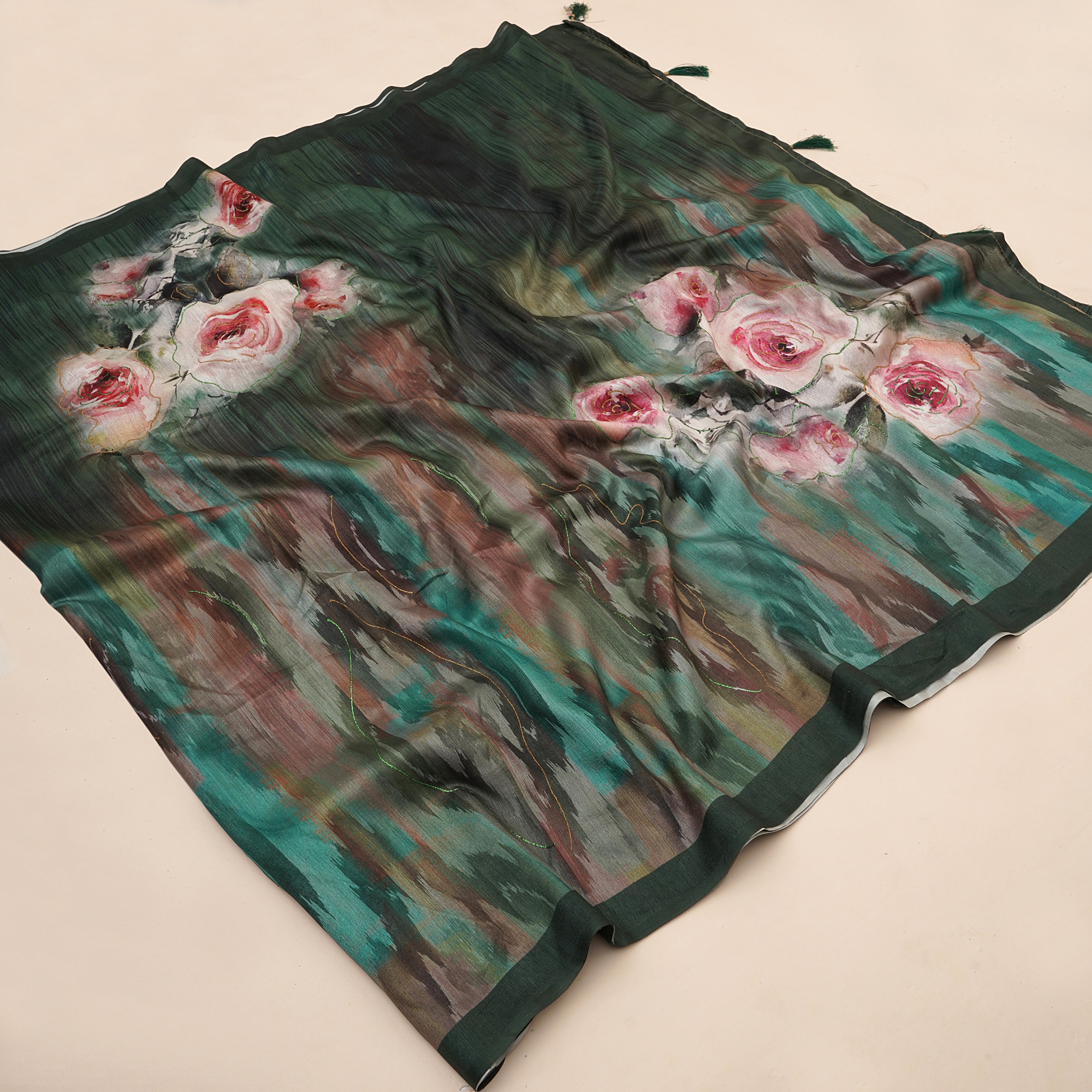 Bottle Green Tusser Silk Floral Digital Printed Saree