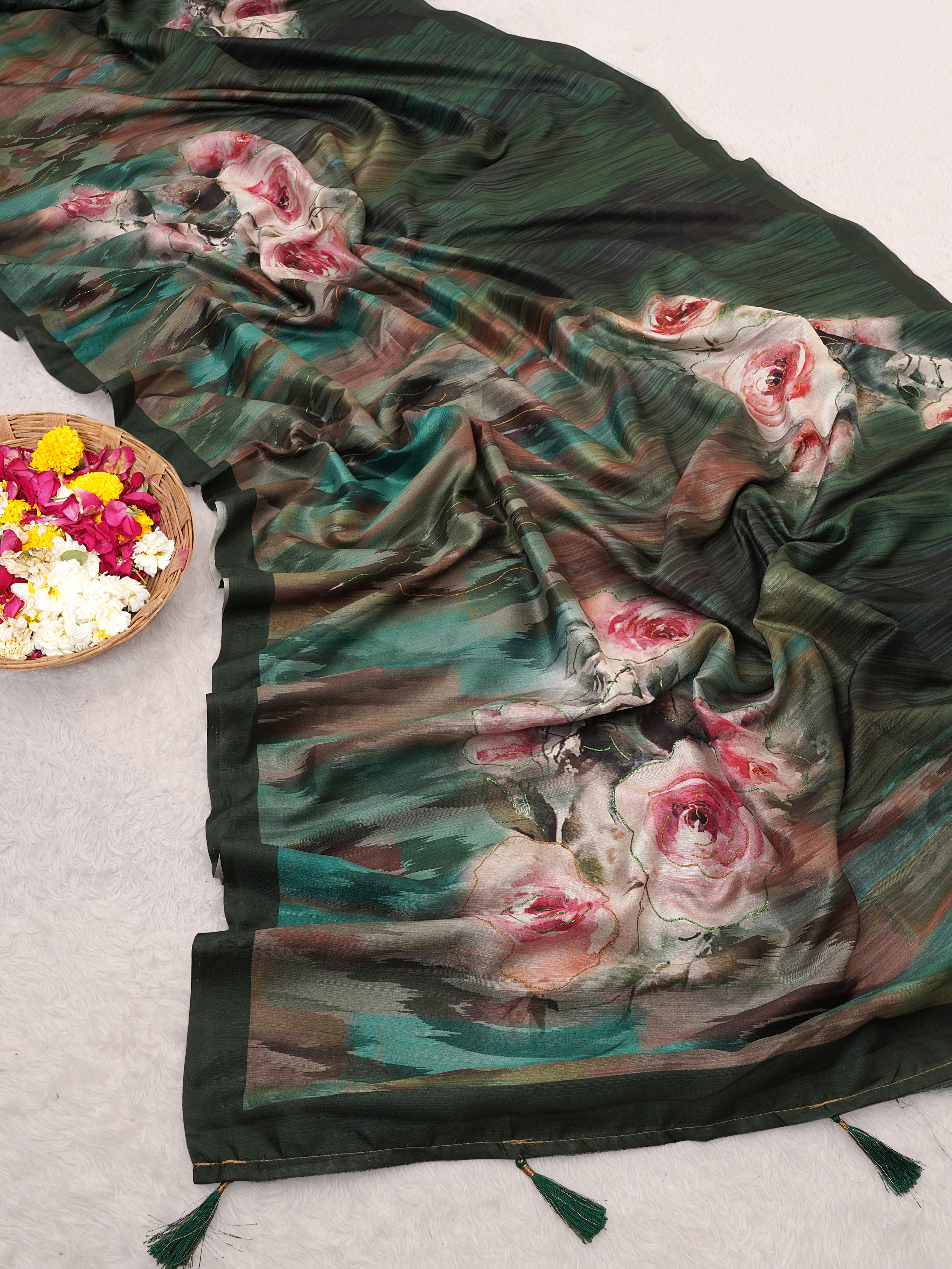 Bottle Green Tusser Silk Floral Digital Printed Saree