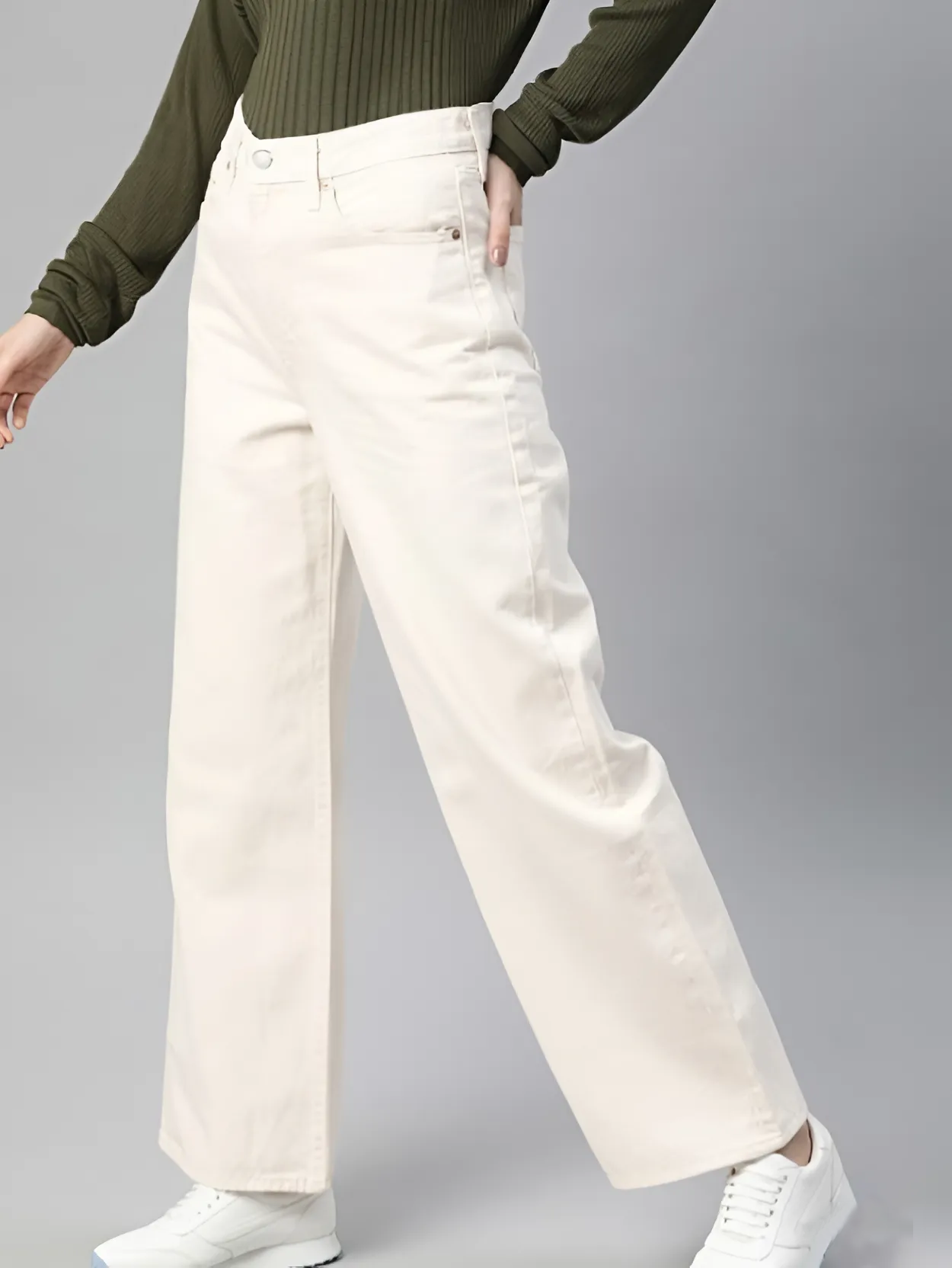 Women Cream Wide Leg Stretchable Straight Fit Mid-Rise Jean