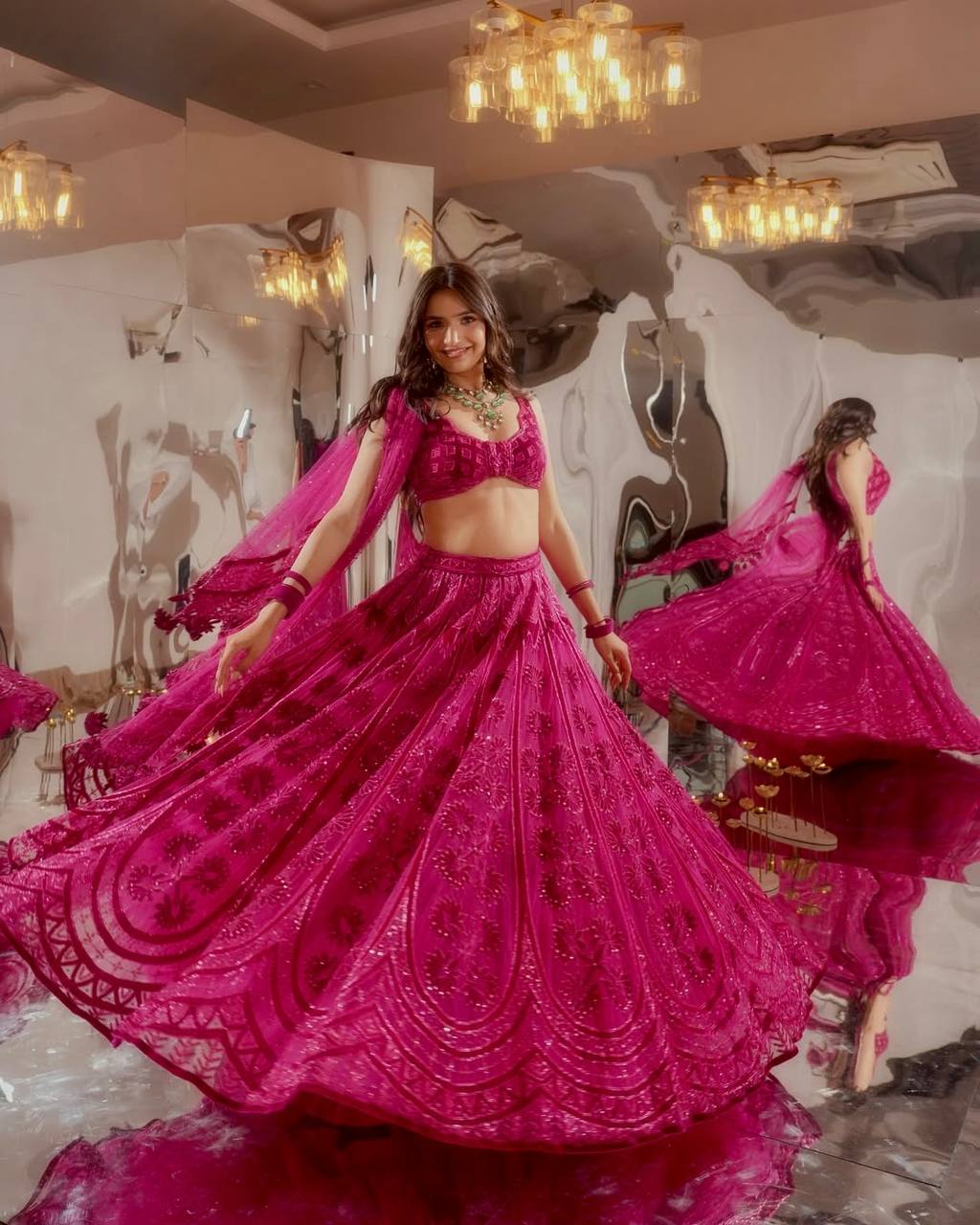 Deep Pink Premium Silk Fabric With Heavy Embroidery & Velvet Blouse Women Lehenga