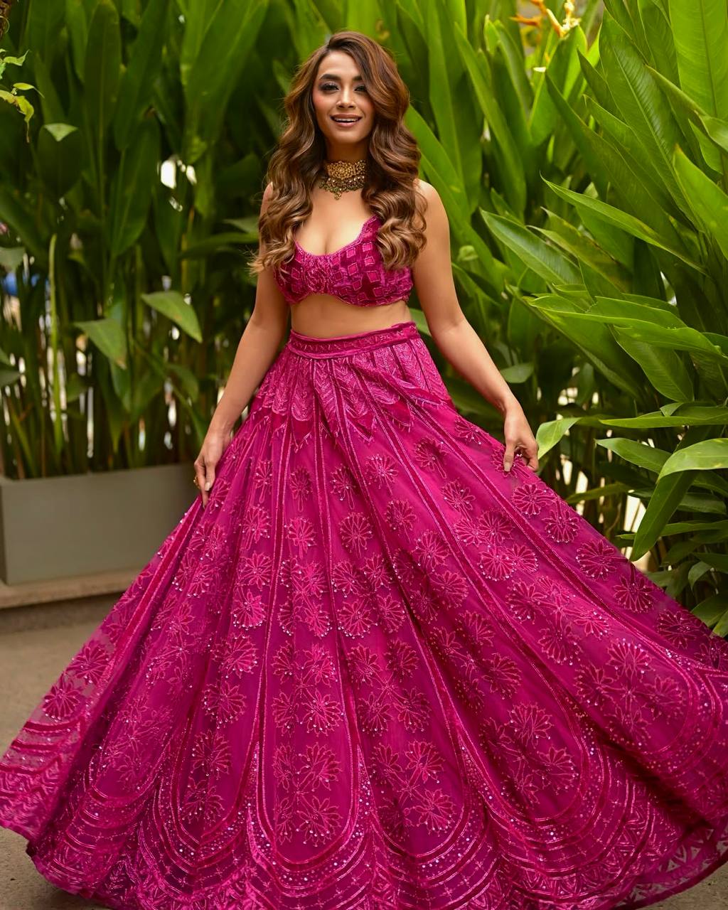 Deep Pink Premium Silk Fabric With Heavy Embroidery & Velvet Blouse Women Lehenga
