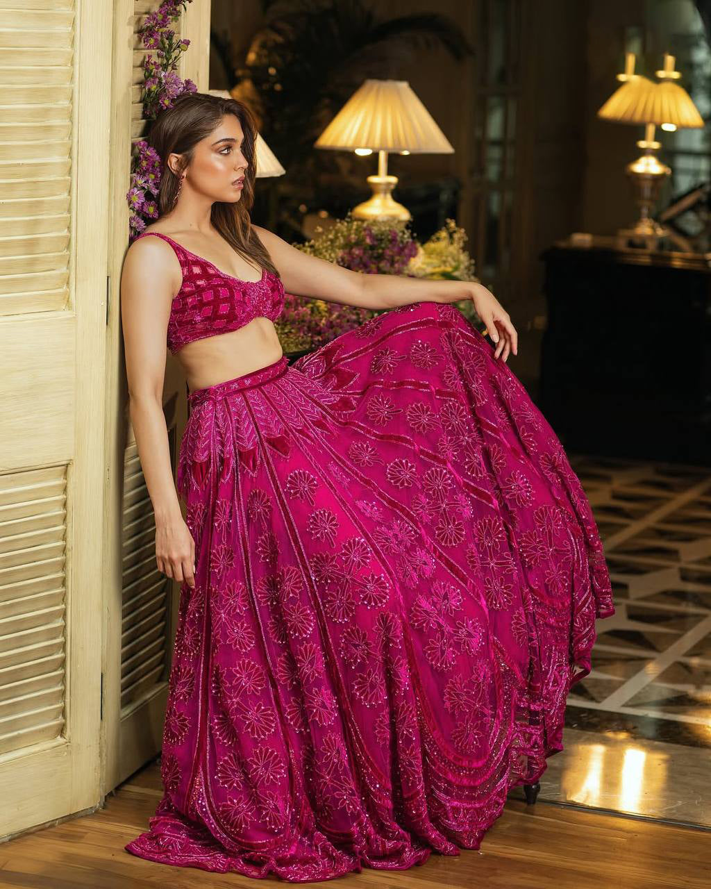 Deep Pink Premium Silk Fabric With Heavy Embroidery & Velvet Blouse Women Lehenga