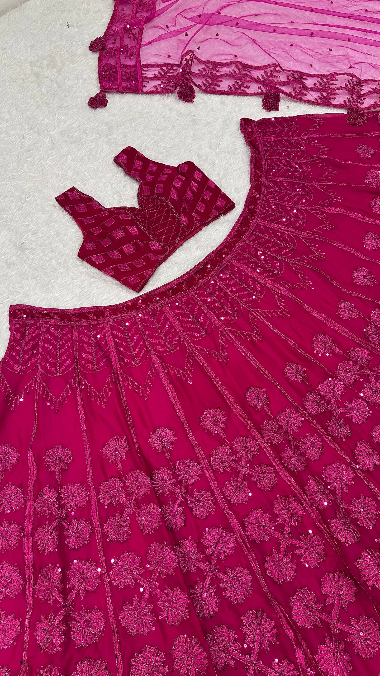 Deep Pink Premium Silk Fabric With Heavy Embroidery & Velvet Blouse Women Lehenga