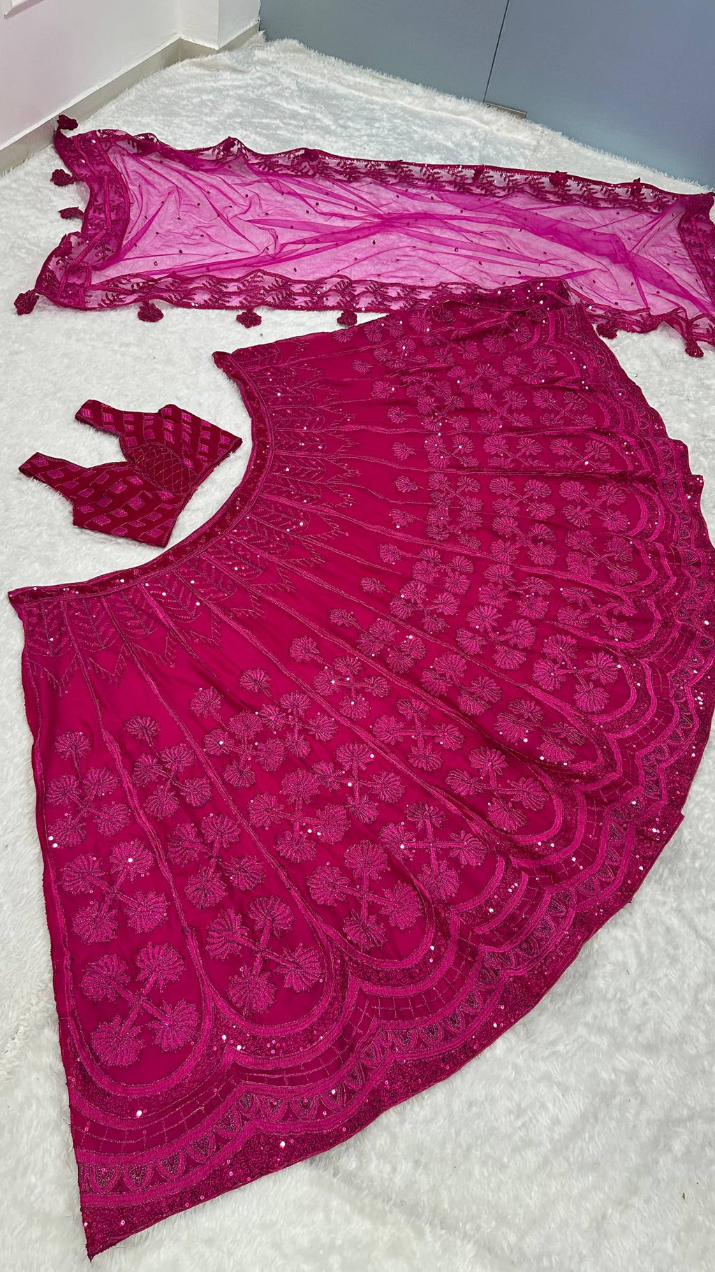 Deep Pink Premium Silk Fabric With Heavy Embroidery & Velvet Blouse Women Lehenga