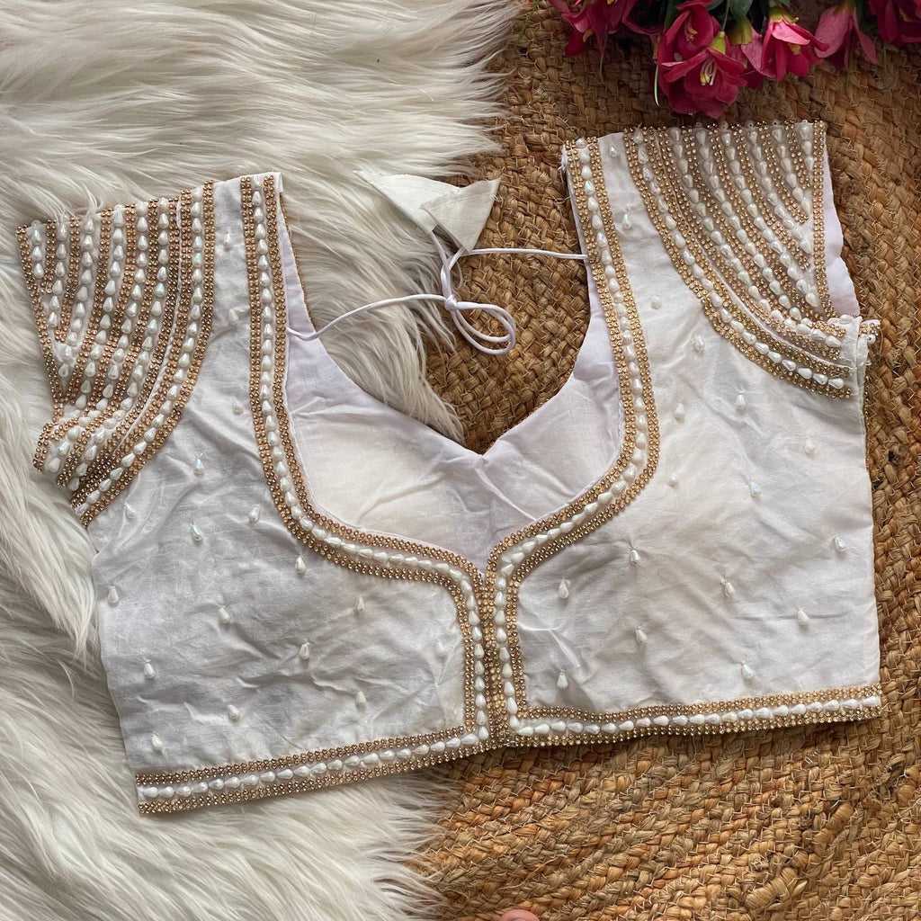 Women's White Pure Handwork Silk Blouse With Pearl & Moti Embellishment