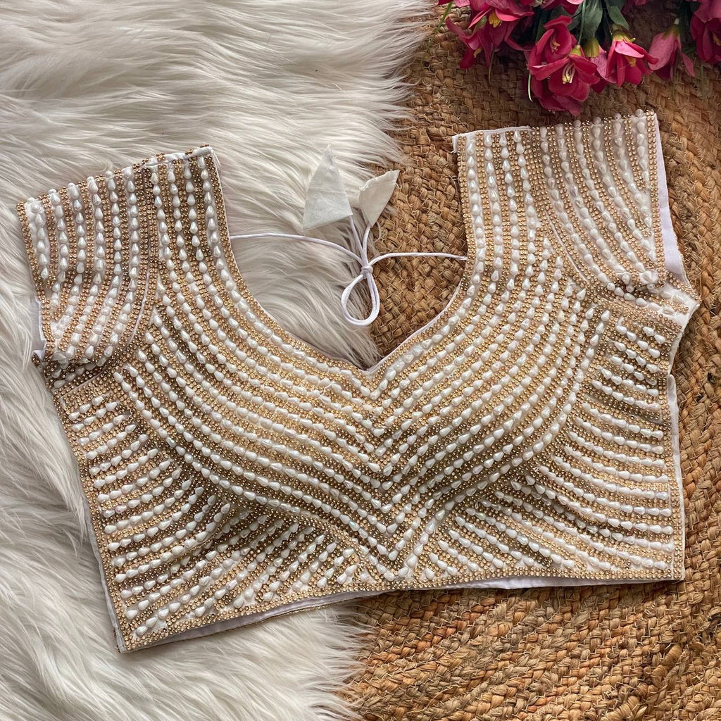 Women Chiku Pure Handwork Silk Blouse With Pearl & Moti Embellishment