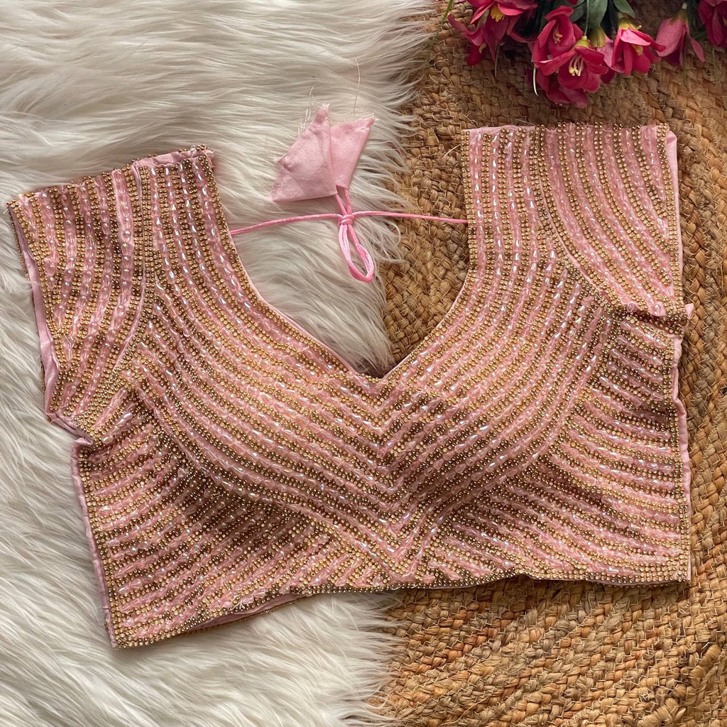 Women Peach Pure Handwork Silk Blouse With Pearl & Moti Embellishment