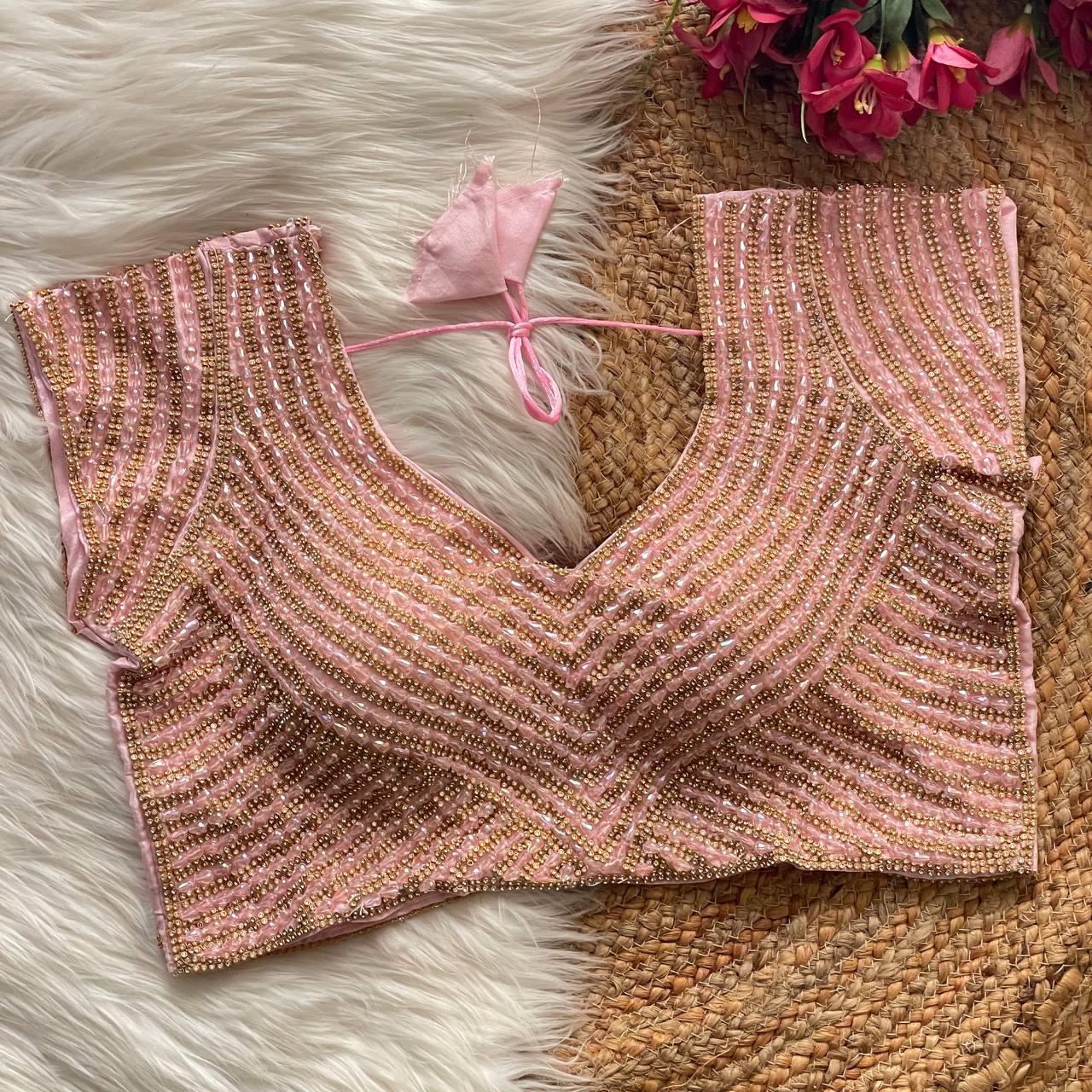 Women Peach Pure Handwork Silk Blouse With Pearl & Moti Embellishment