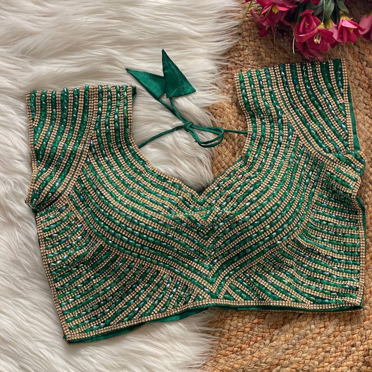 Women Green Pure Handwork Silk Blouse With Pearl & Moti Embellishment
