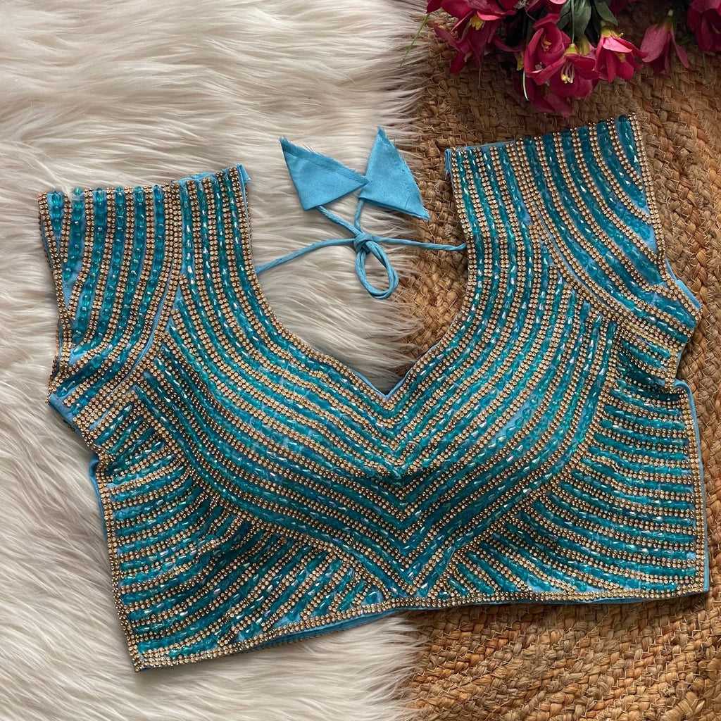 Women Teal Pure Handwork Silk Blouse With Pearl & Moti Embellishment