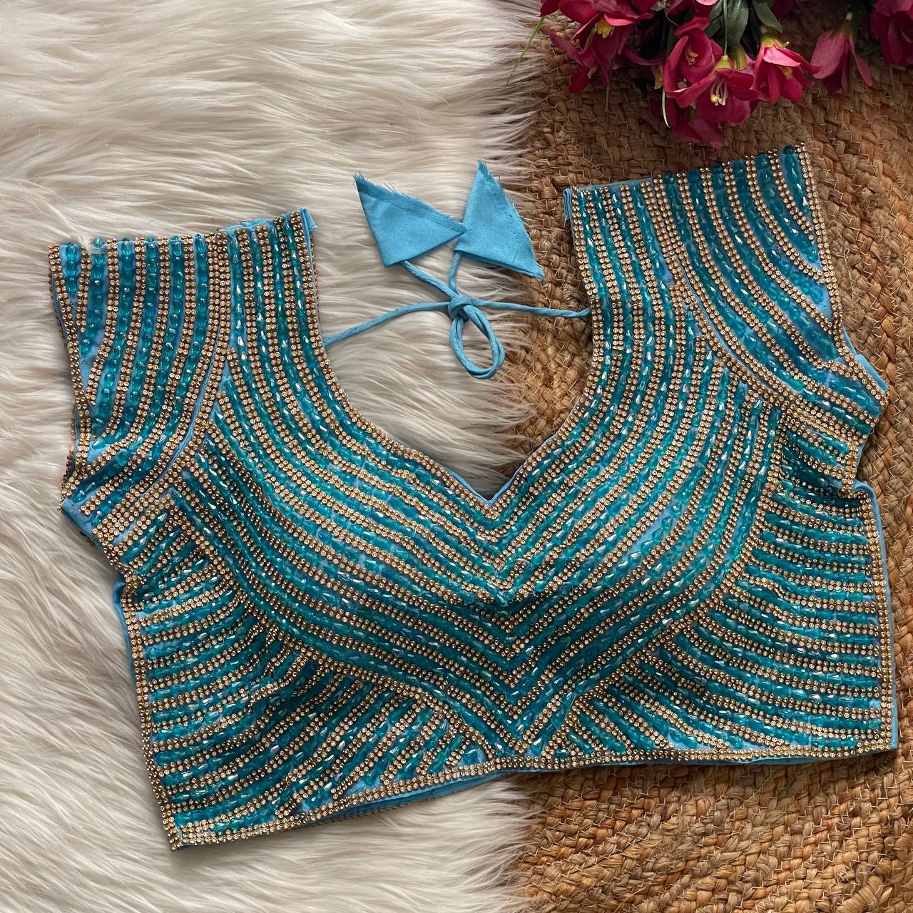 Women Teal Pure Handwork Silk Blouse With Pearl & Moti Embellishment