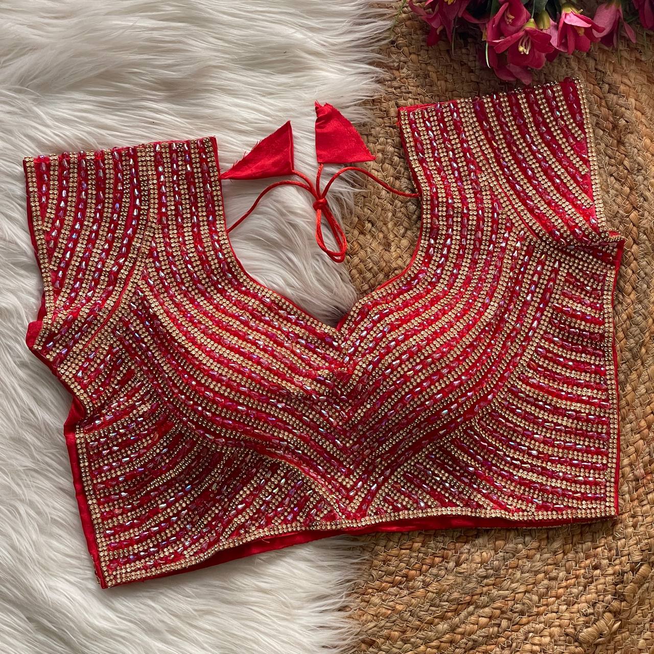 Women Tomato Red Pure Handwork Silk Blouse With Pearl & Moti Embellishment