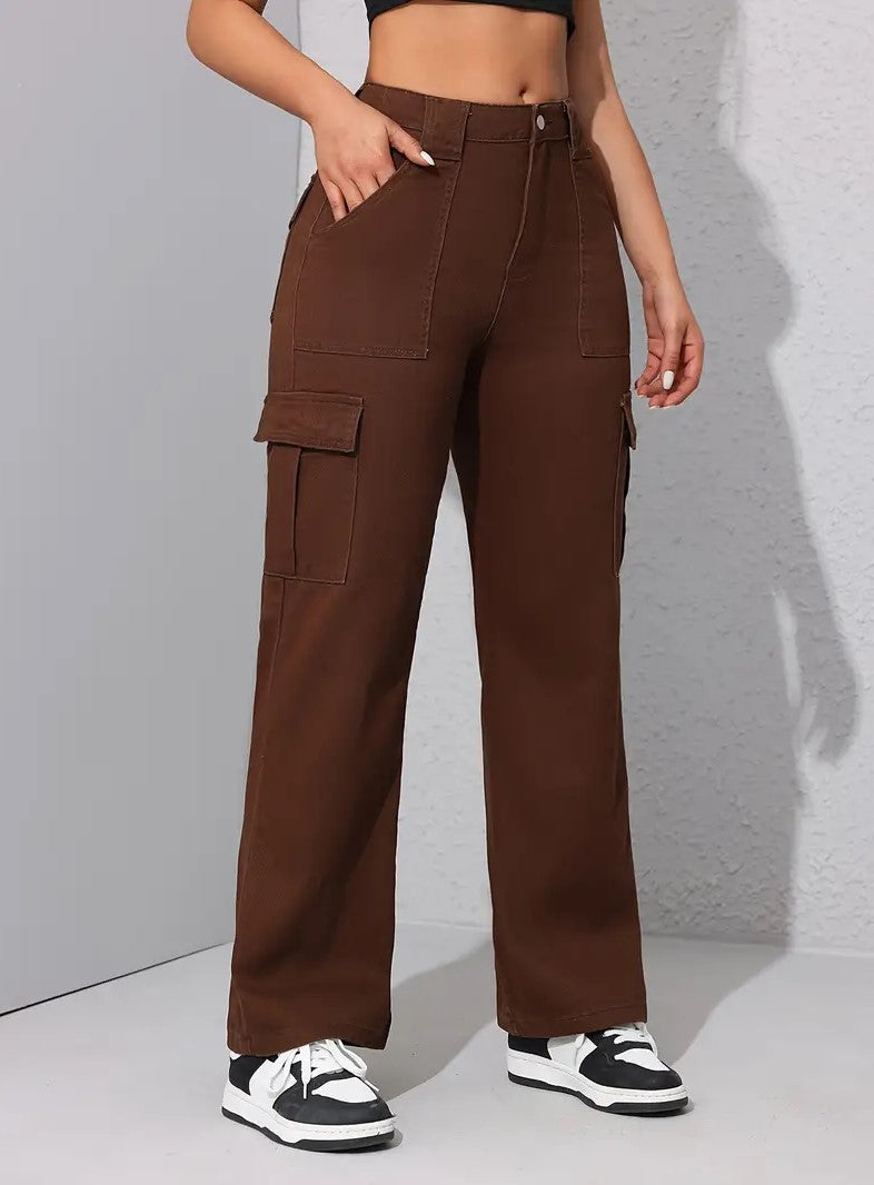 Women Brown Cargo Denim 6 Pocket Jeans