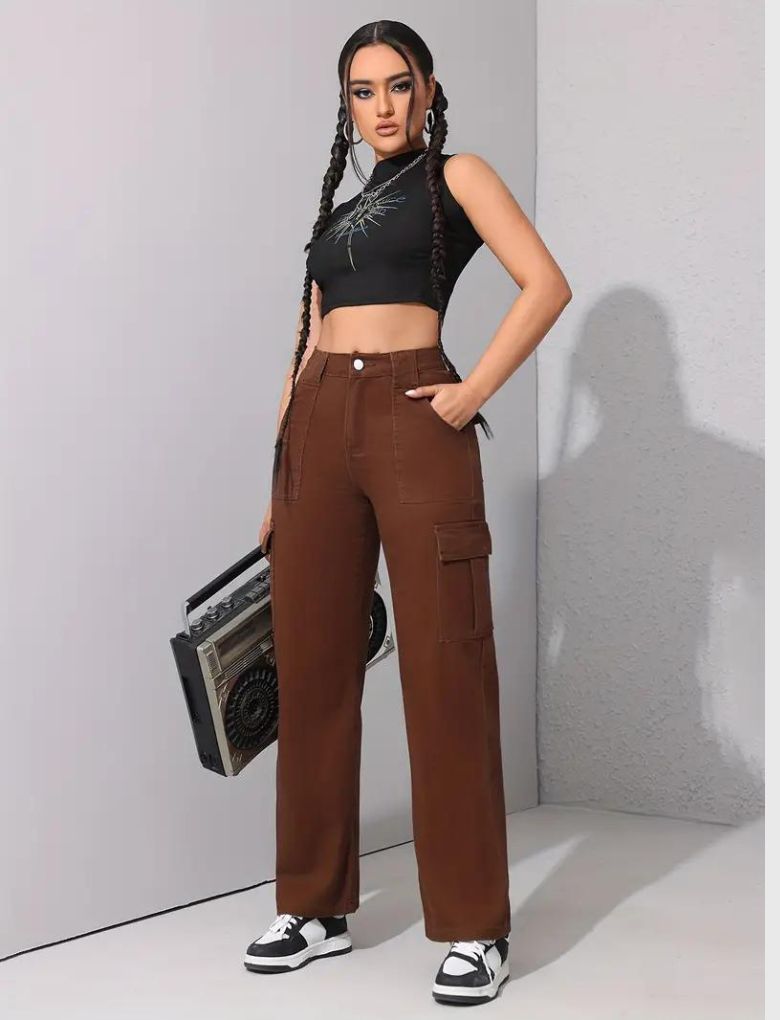 Women Brown Cargo Denim 6 Pocket Jeans