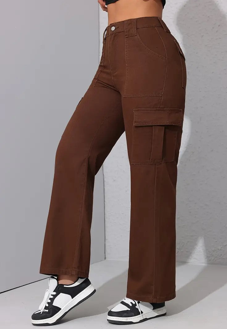 Women Brown Cargo Denim 6 Pocket Jeans
