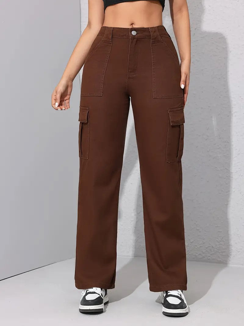 Women Brown Cargo Denim 6 Pocket Jeans