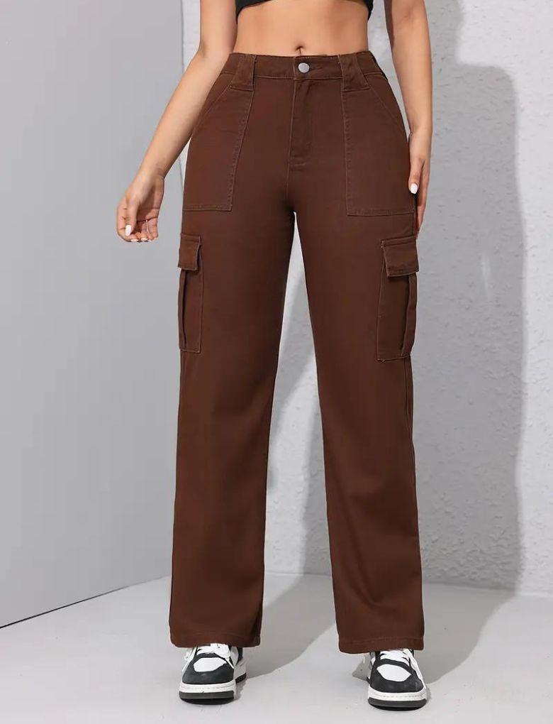 Women Brown Cargo Denim 6 Pocket Jeans