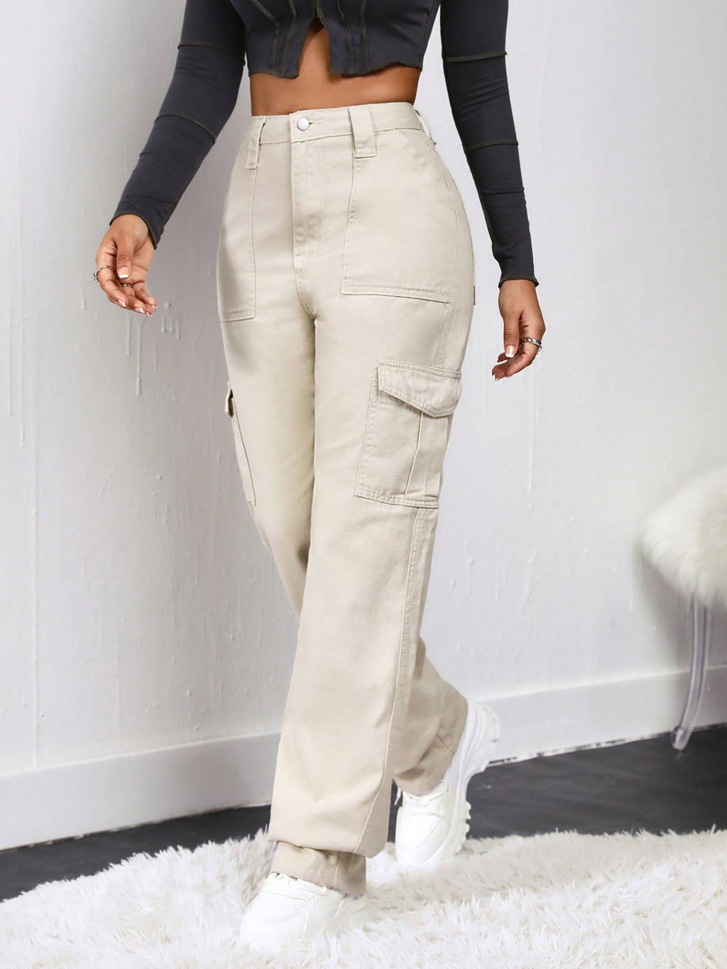 Women Cargo Flap Pocket Denim Cream Jeans