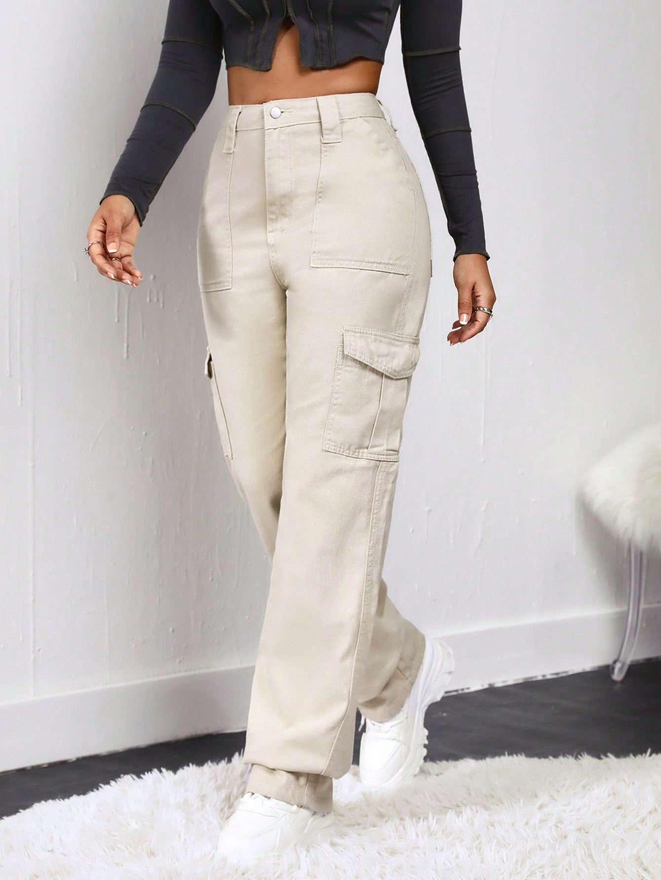 Women Cargo Flap Pocket Denim Cream Jeans