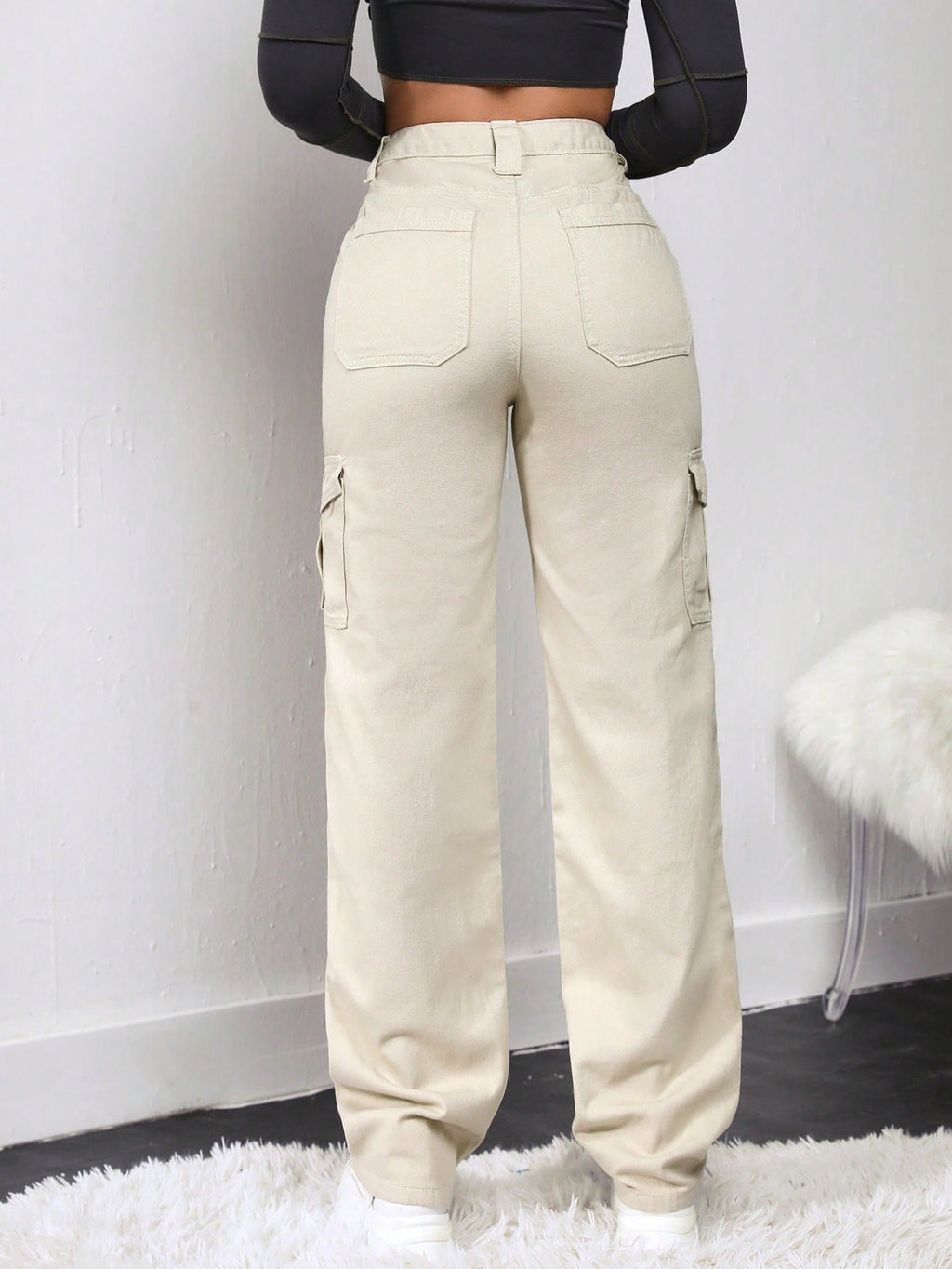 Women Cargo Flap Pocket Denim Cream Jeans