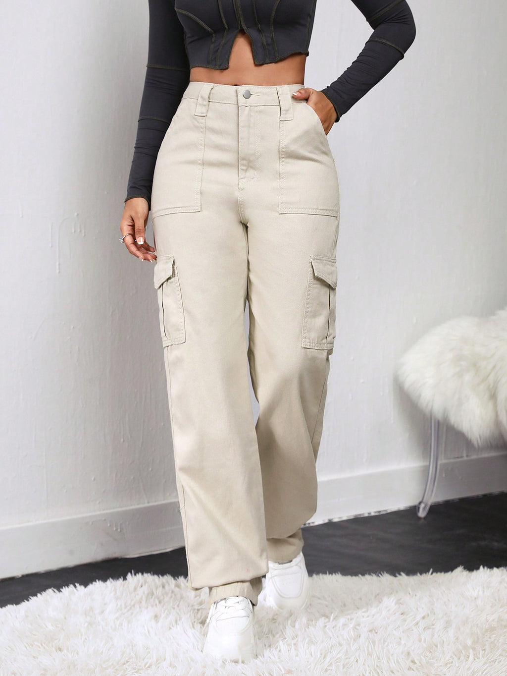 Women Cargo Flap Pocket Denim Cream Jeans