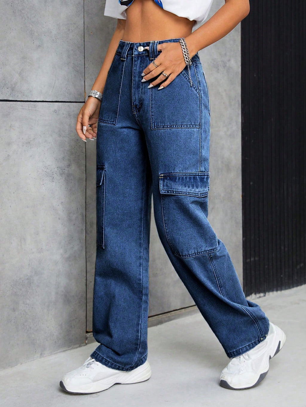 Casual Cool Dark Blue 6 Pocket Cargo Women Jeans