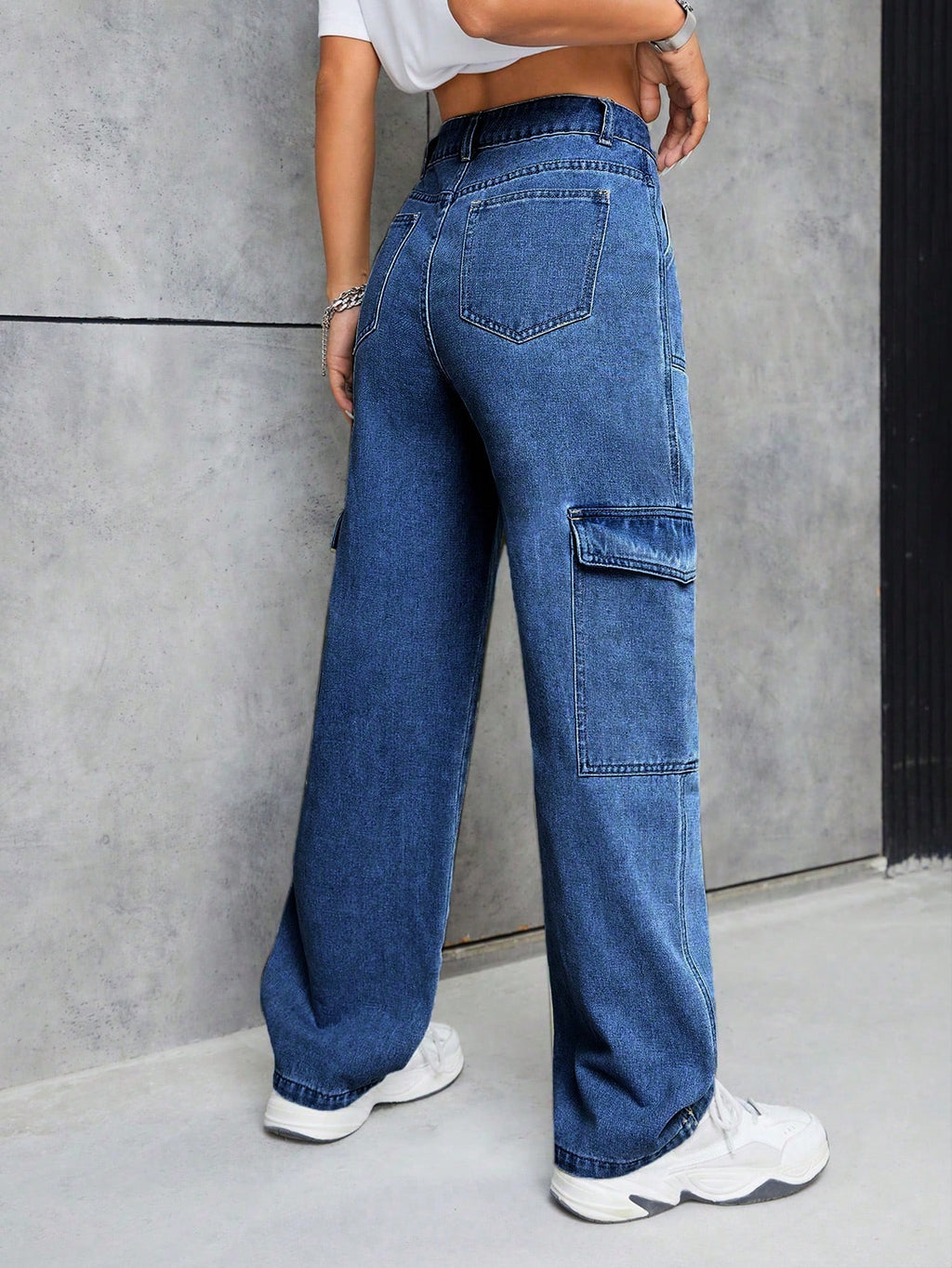 Casual Cool Dark Blue 6 Pocket Cargo Women Jeans