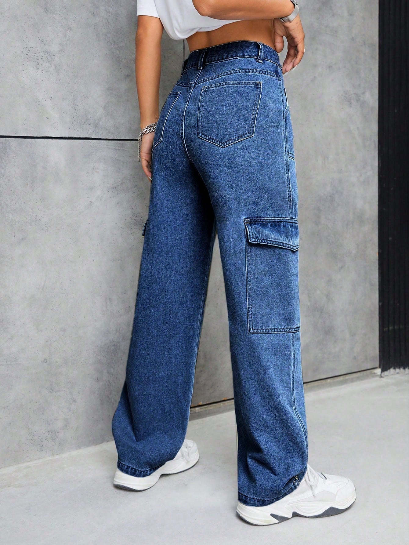 Casual Cool Dark Blue 6 Pocket Cargo Women Jeans