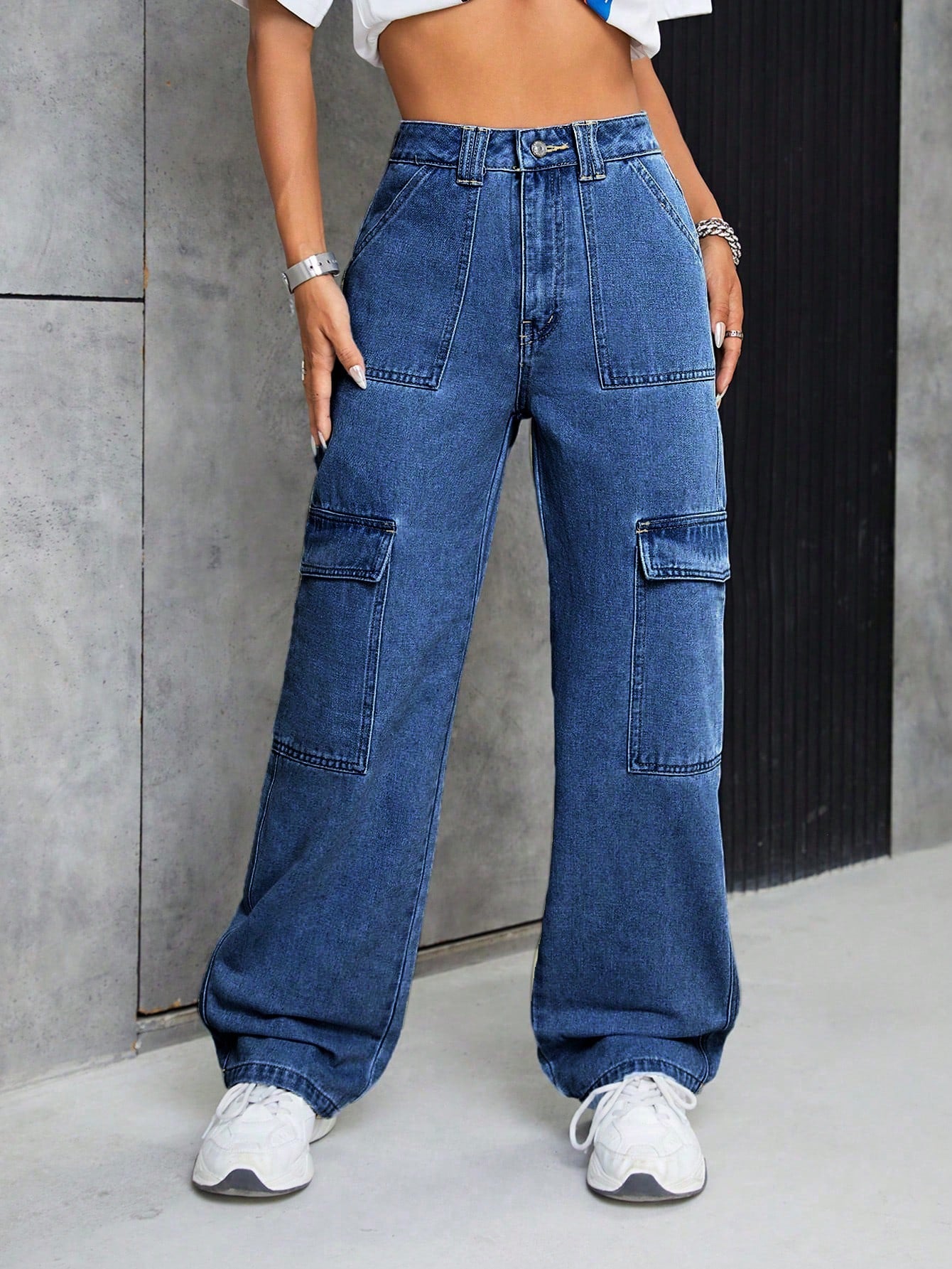 Casual Cool Dark Blue 6 Pocket Cargo Women Jeans