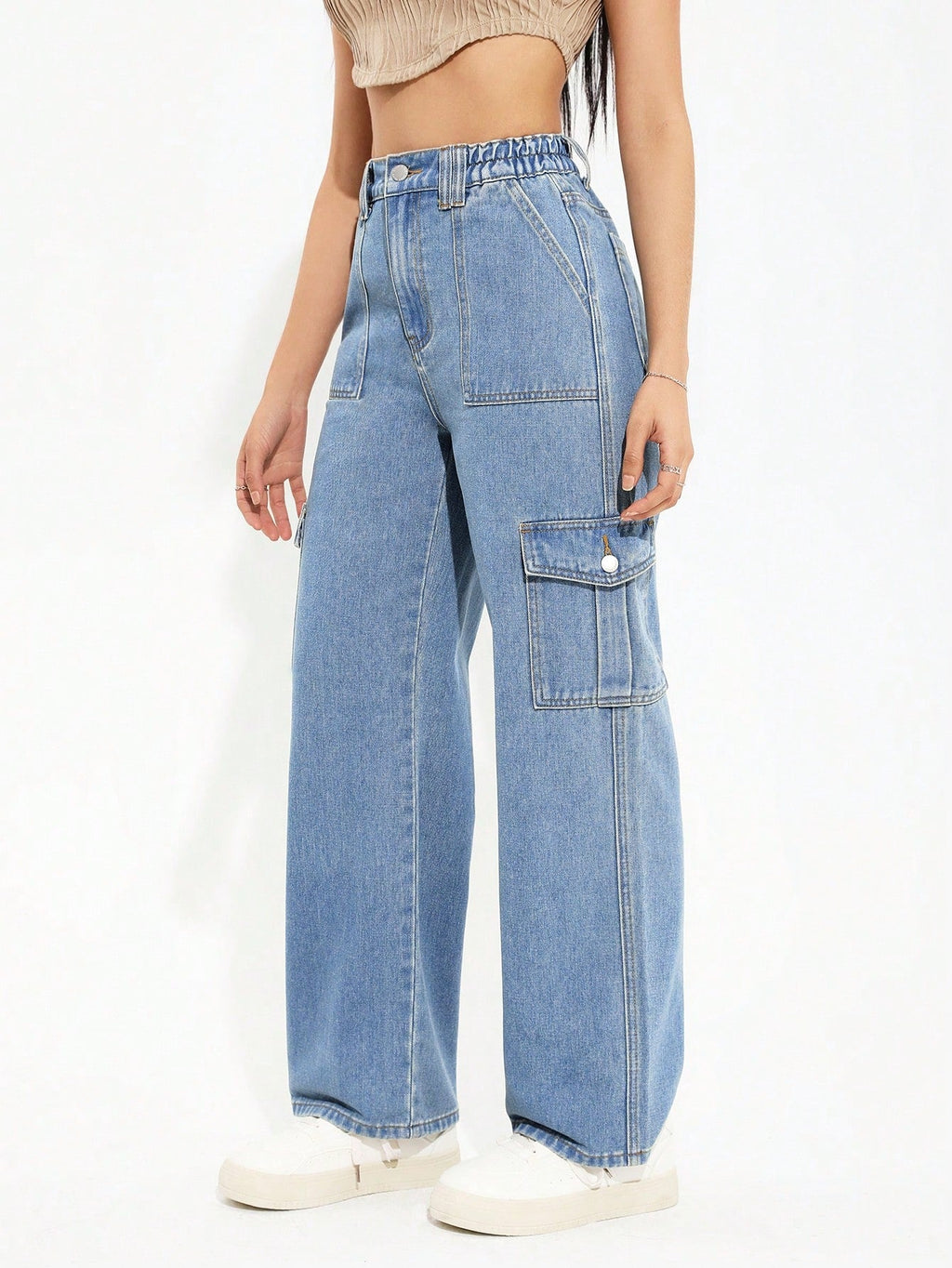 Trendy Ice Blue 6-Pocket Cargo Denim Jeans for Women