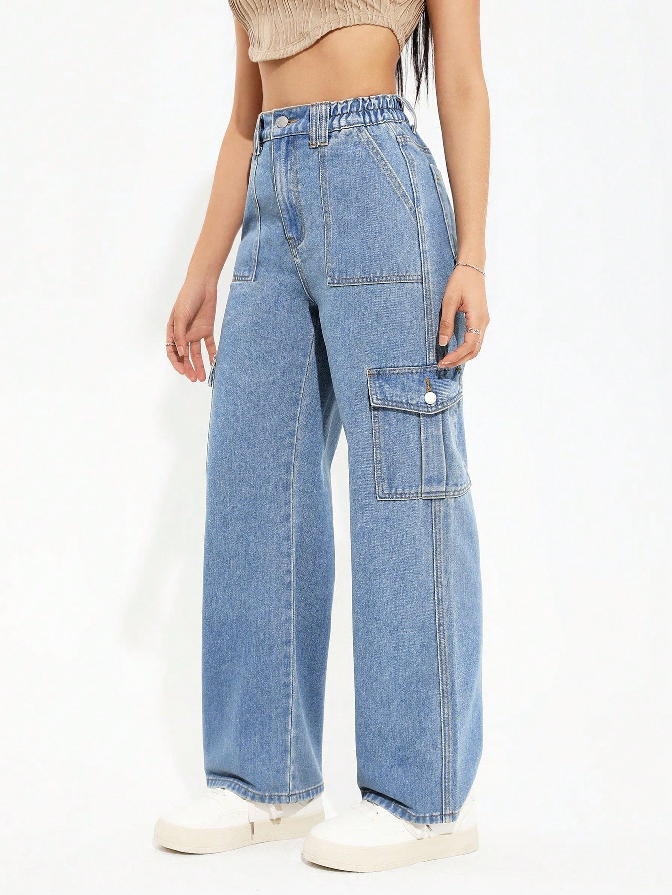 Trendy Ice Blue 6-Pocket Cargo Denim Jeans for Women