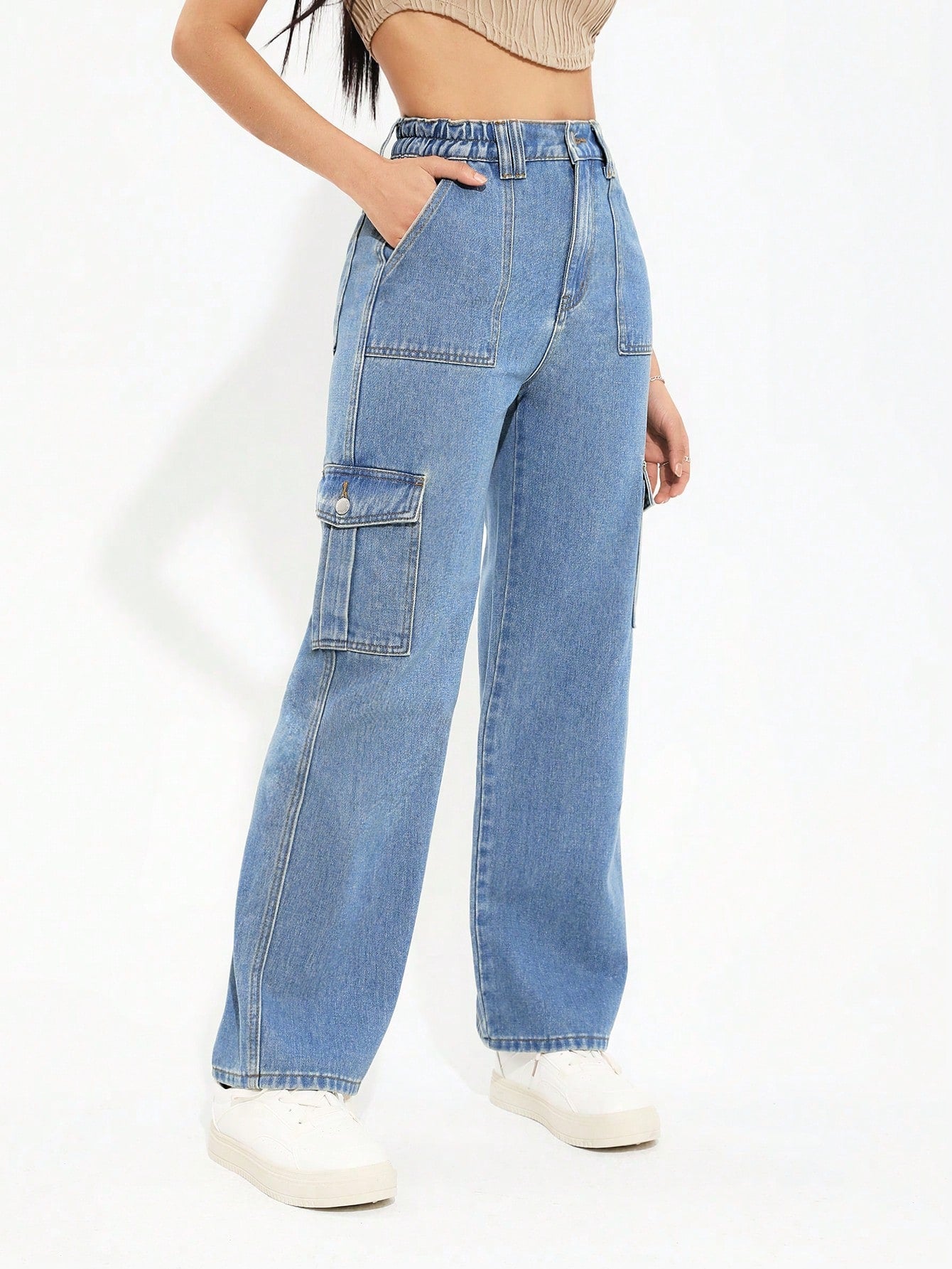 Trendy Ice Blue 6-Pocket Cargo Denim Jeans for Women