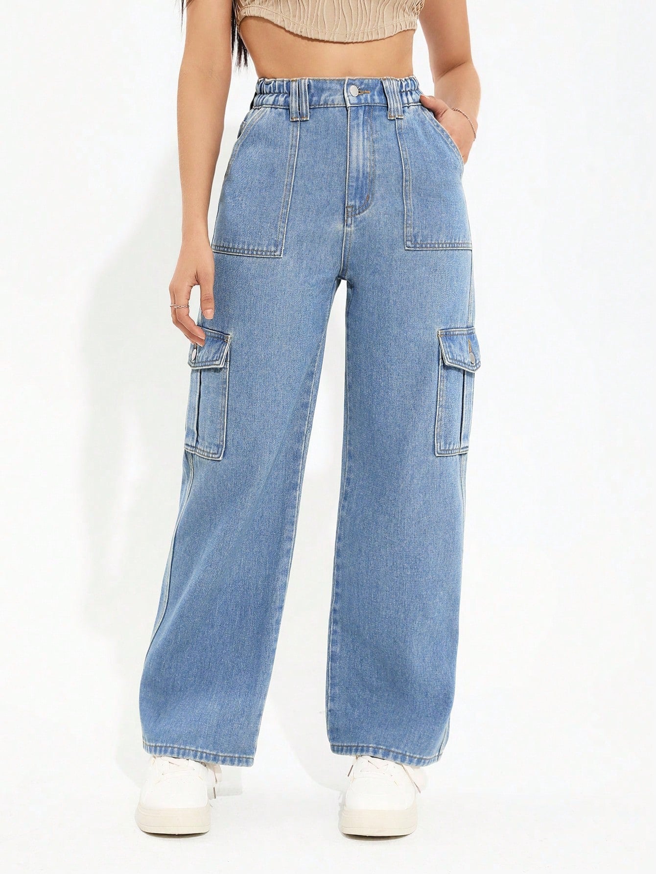 Trendy Ice Blue 6-Pocket Cargo Denim Jeans for Women